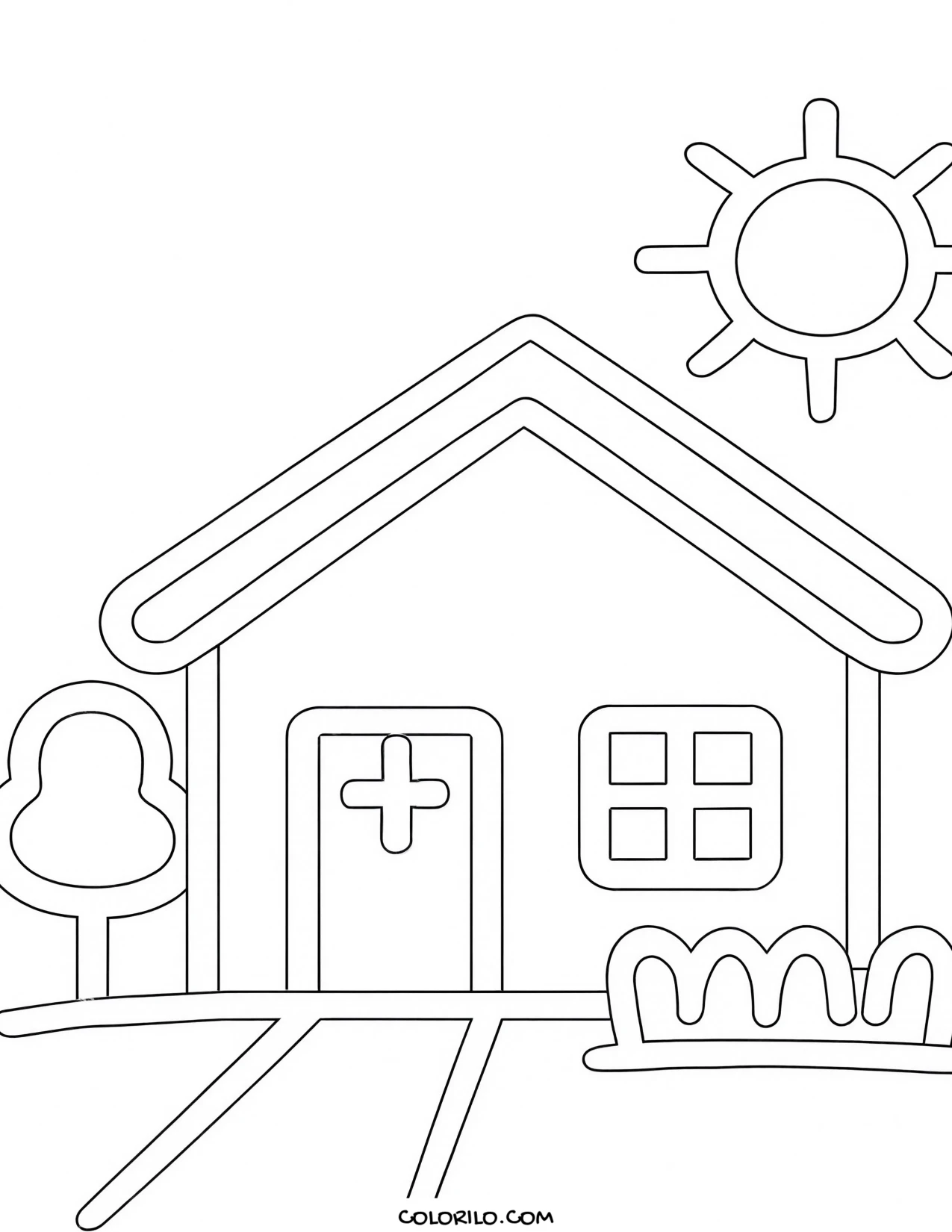 A simple house with a planted garden bed coloring page