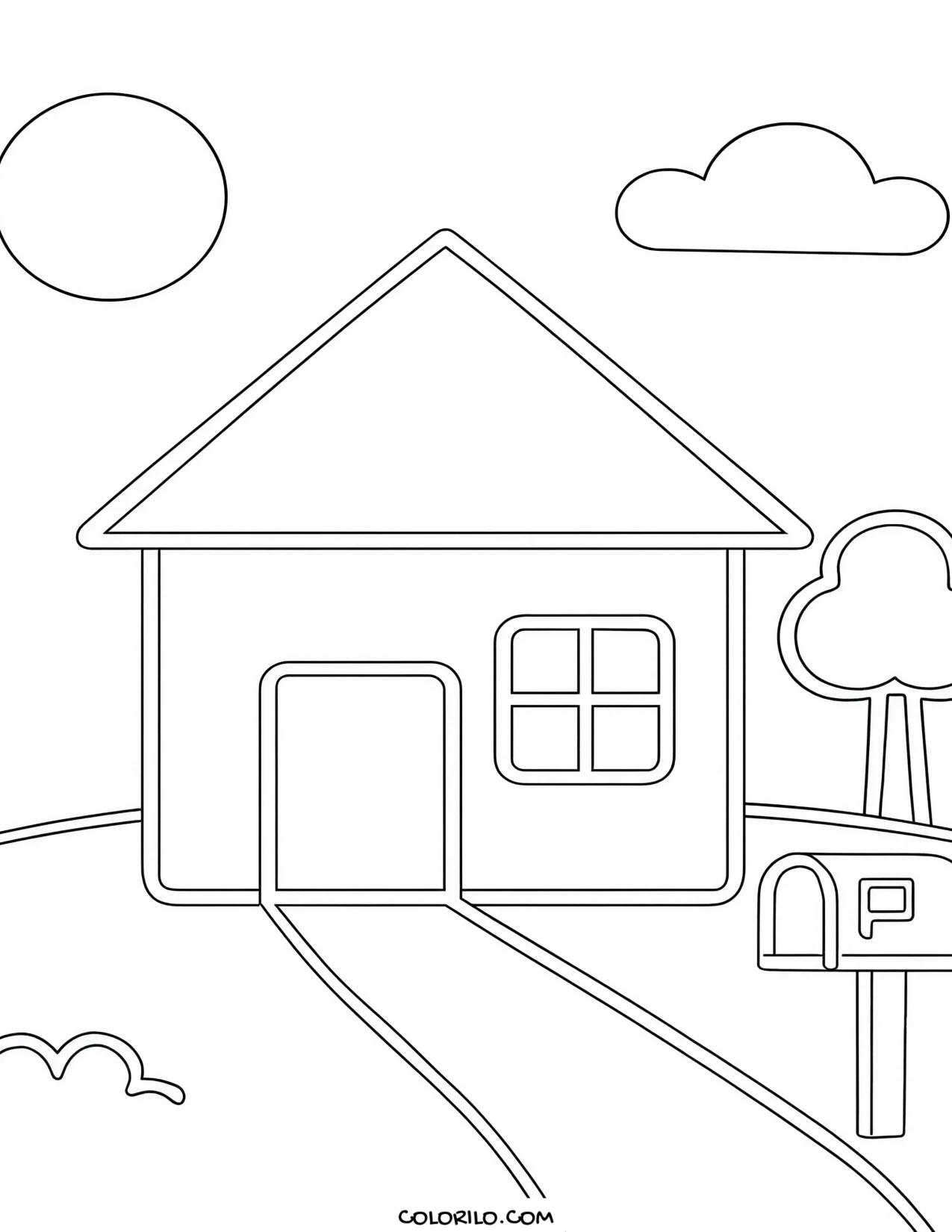 A simple house with a mailbox by the gate coloring page