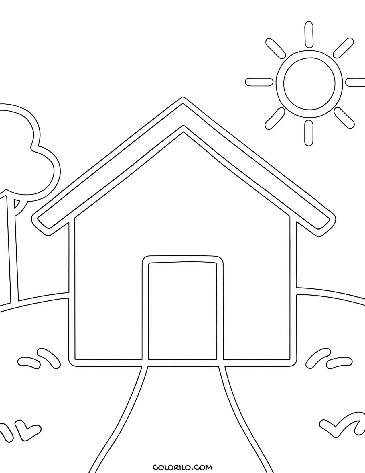 A simple house with a path, a tree and the sun coloring page