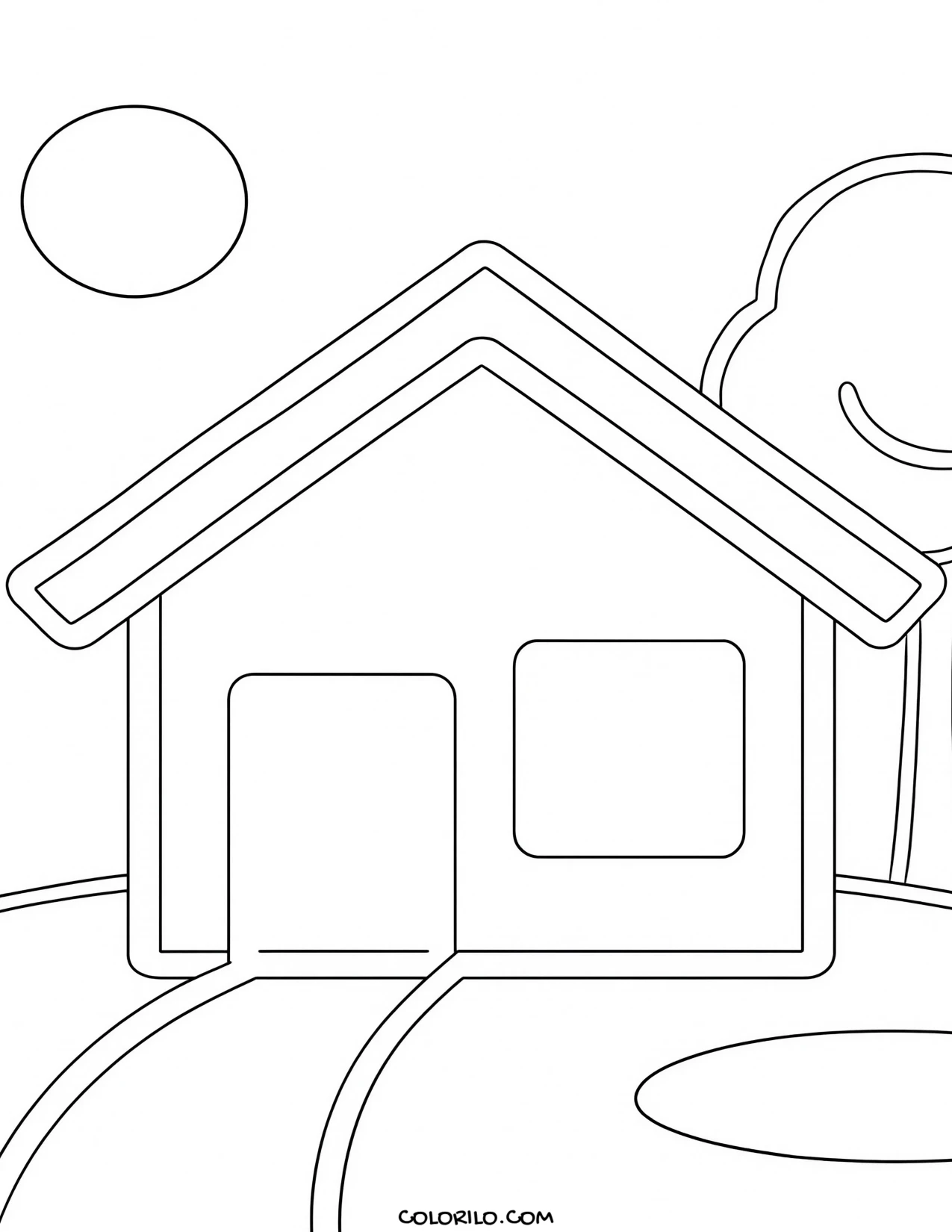 A simple house beside a garden pond coloring page