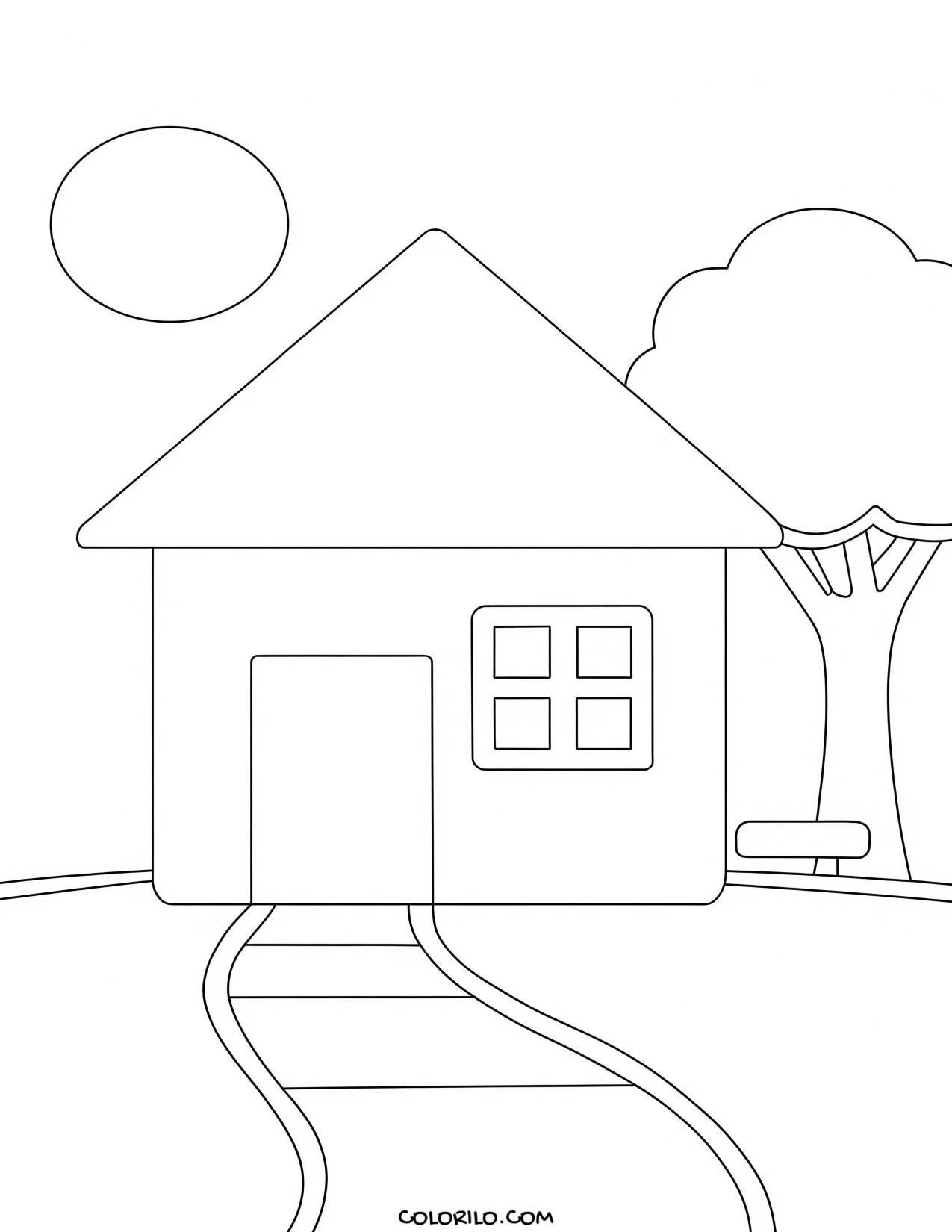 A simple house with a swing hanging from the tree coloring page