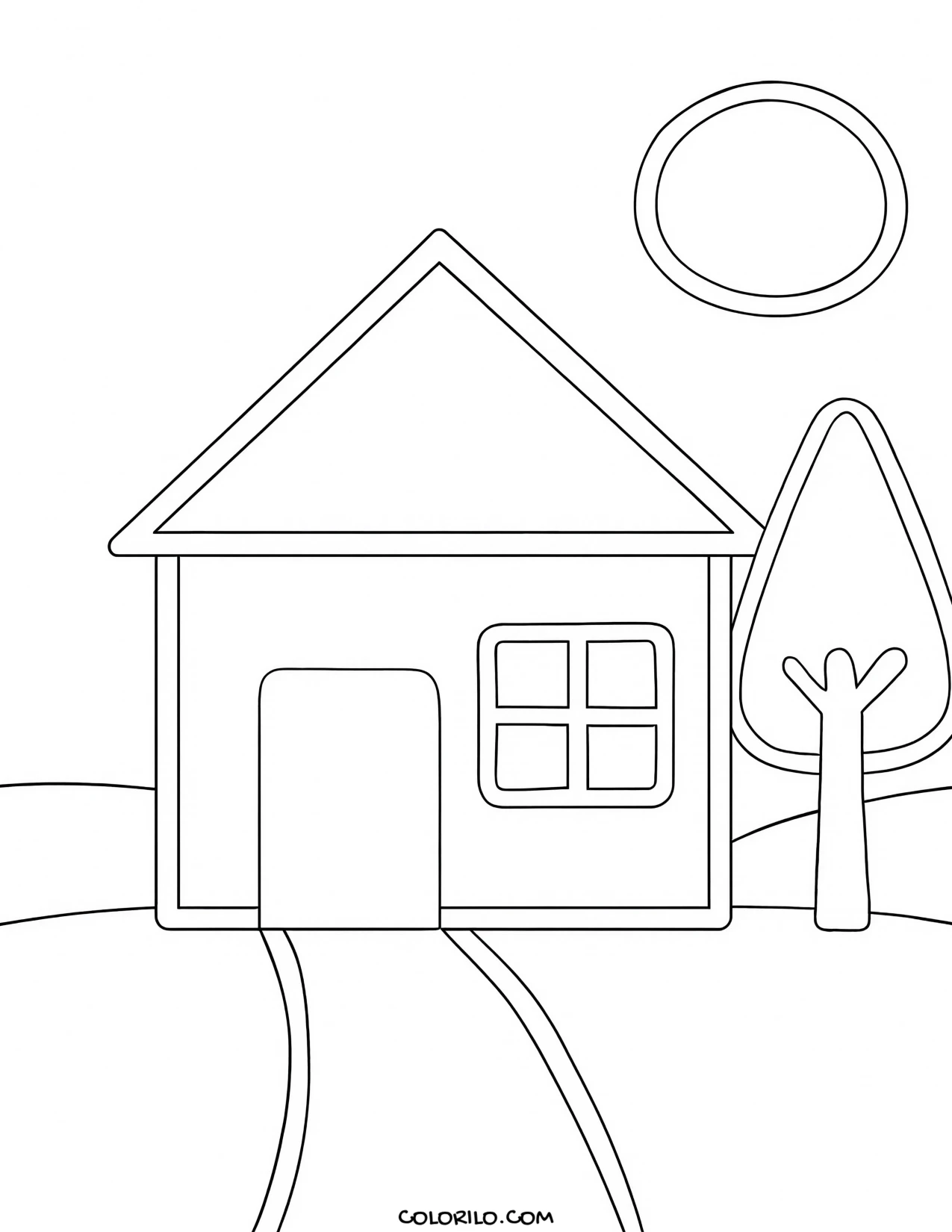 A simple house beside a tall tree coloring page