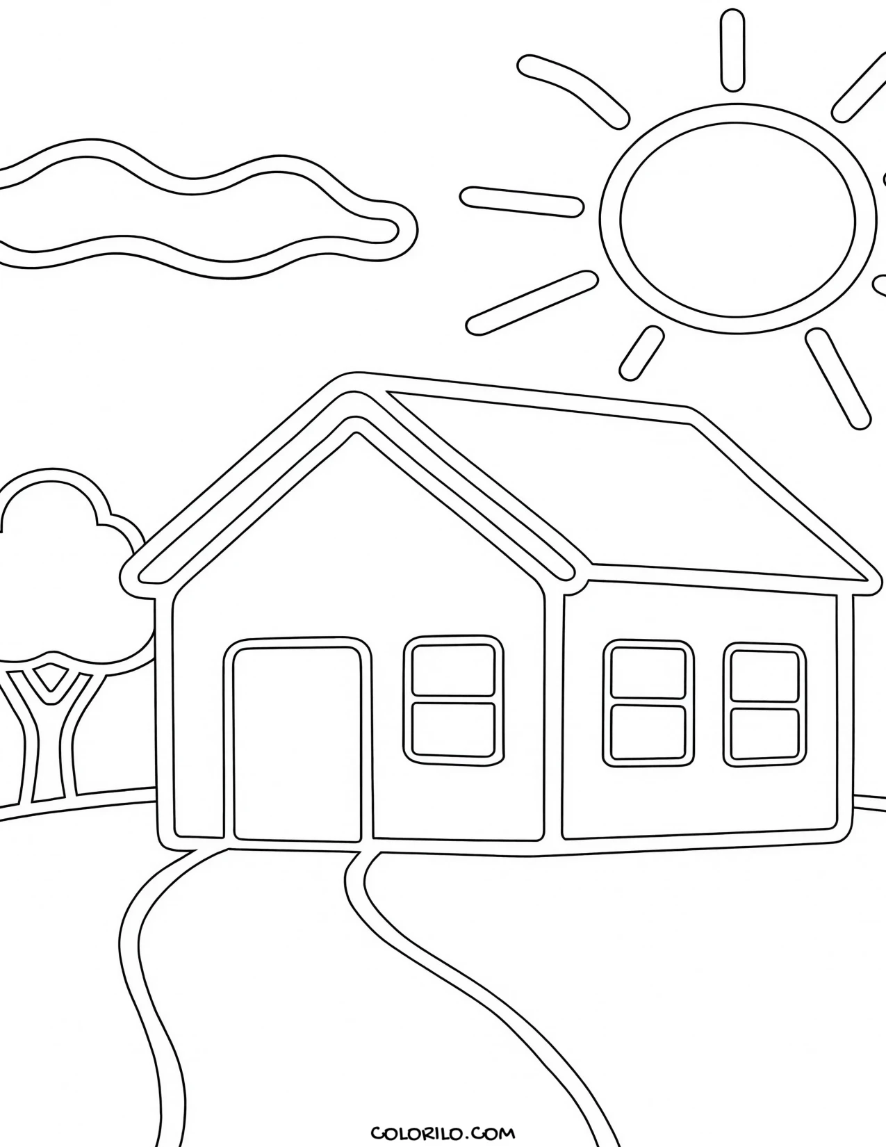 A simple house with three front windows coloring page
