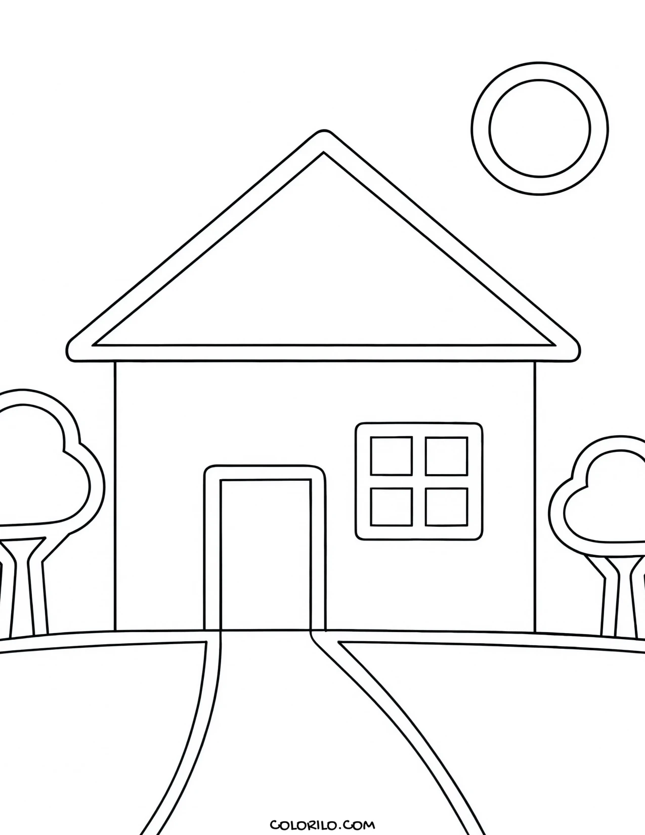 A simple house standing between two trees coloring page