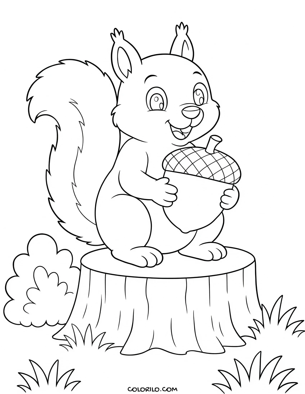 a squirrel holding an acorn in its paws coloring page
