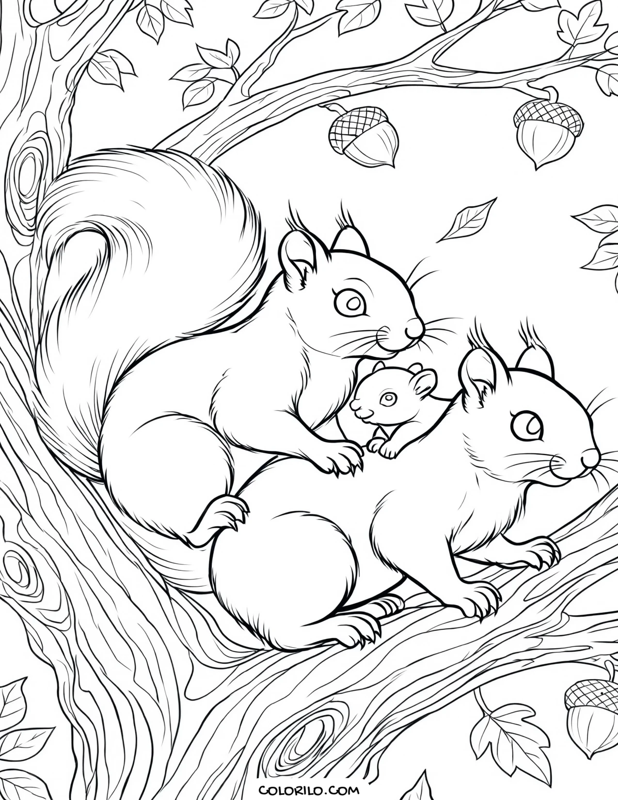 A family of squirrels in an autumn tree coloring page
