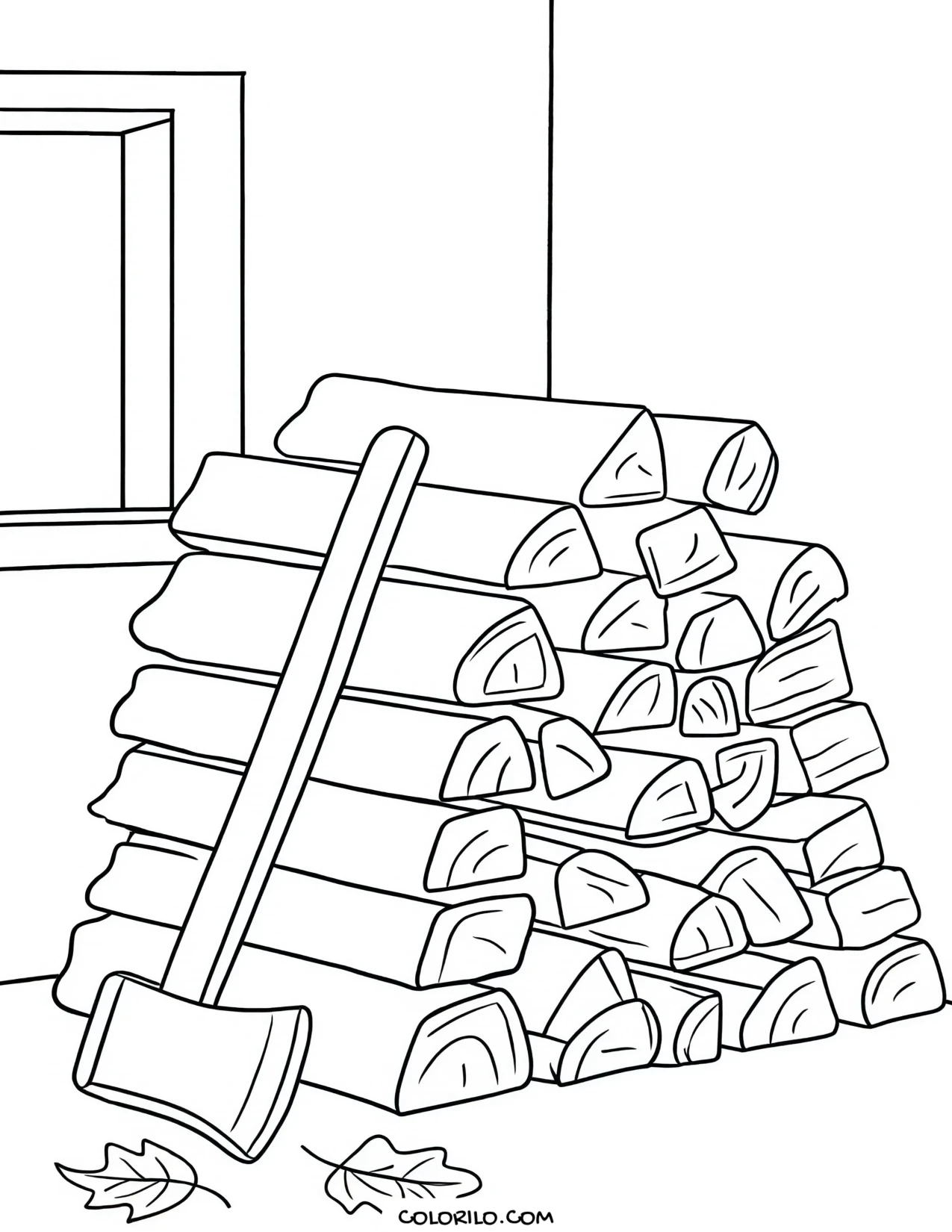 A stack of firewood with an axe coloring page