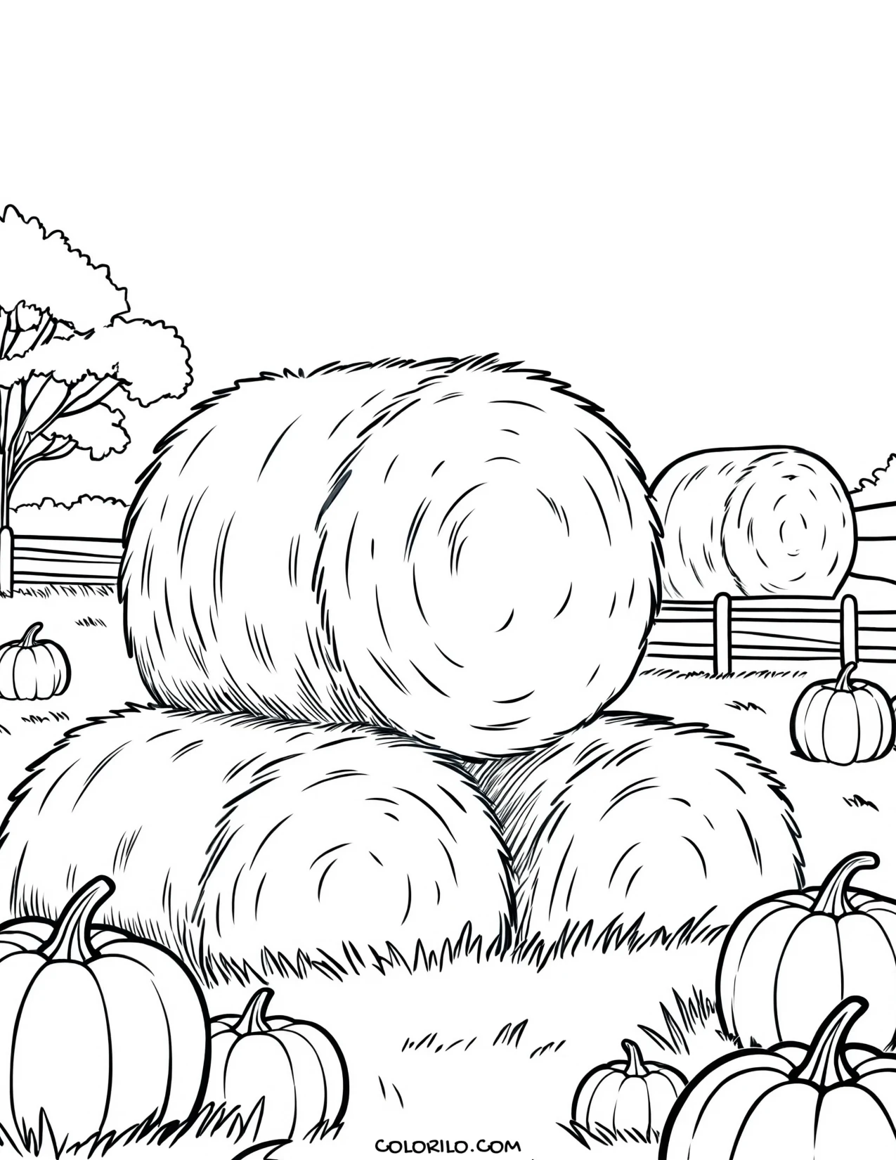 Stacked hay bales with pumpkins coloring page