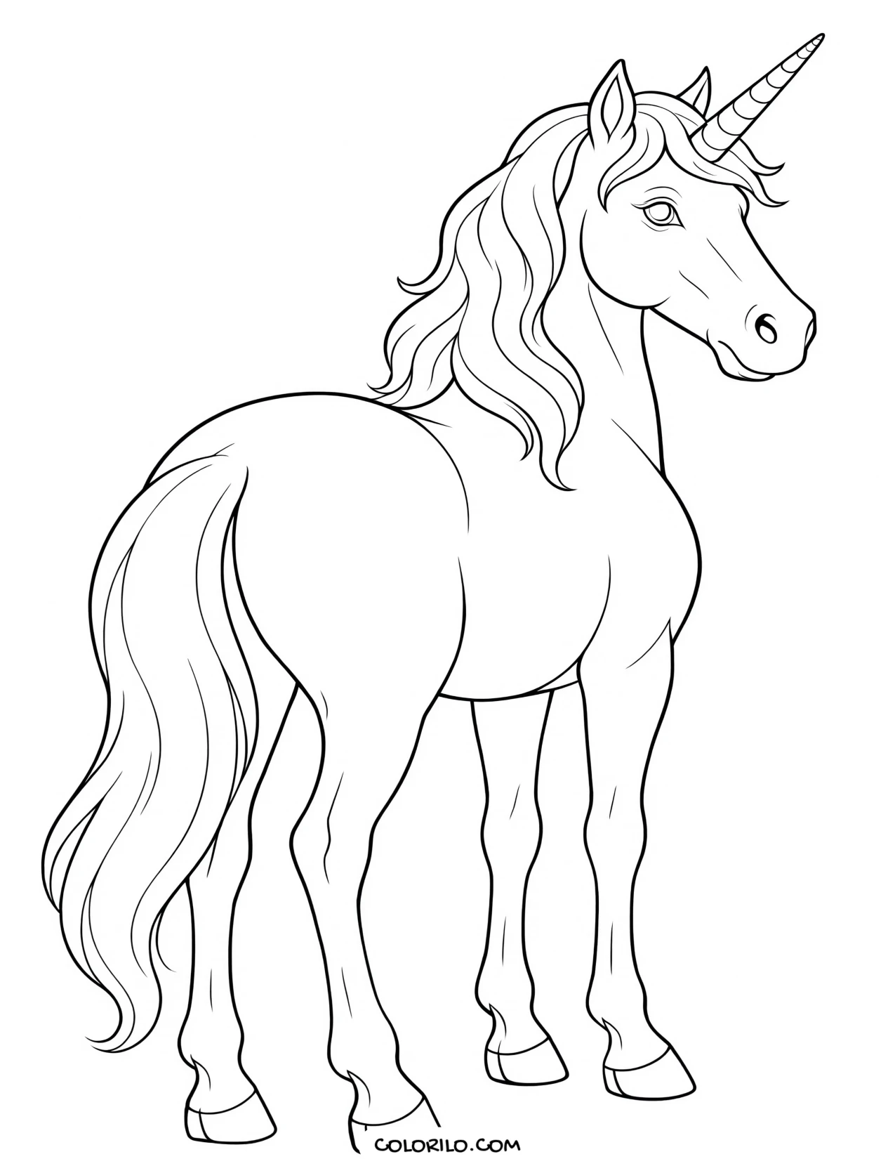 A unicorn seen from a rear angle coloring page