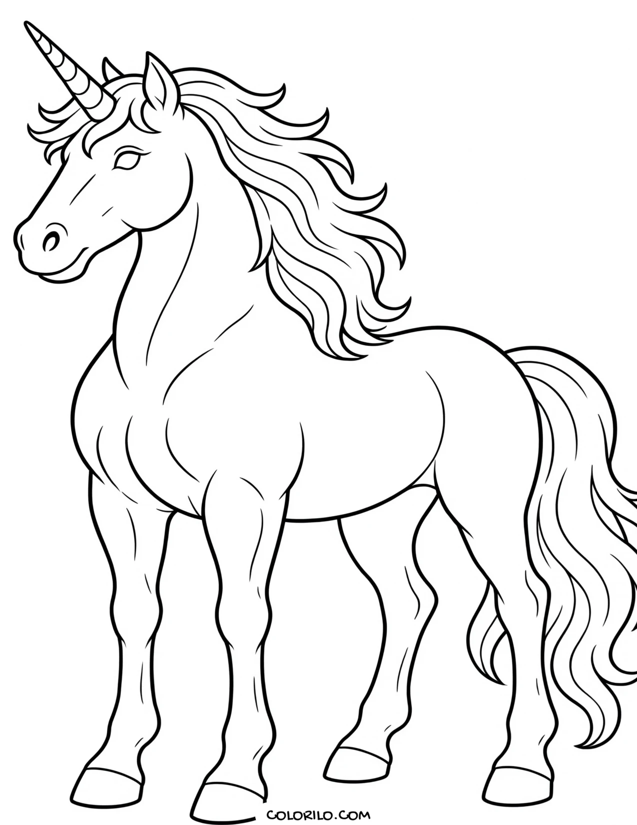 A unicorn standing in side view coloring page
