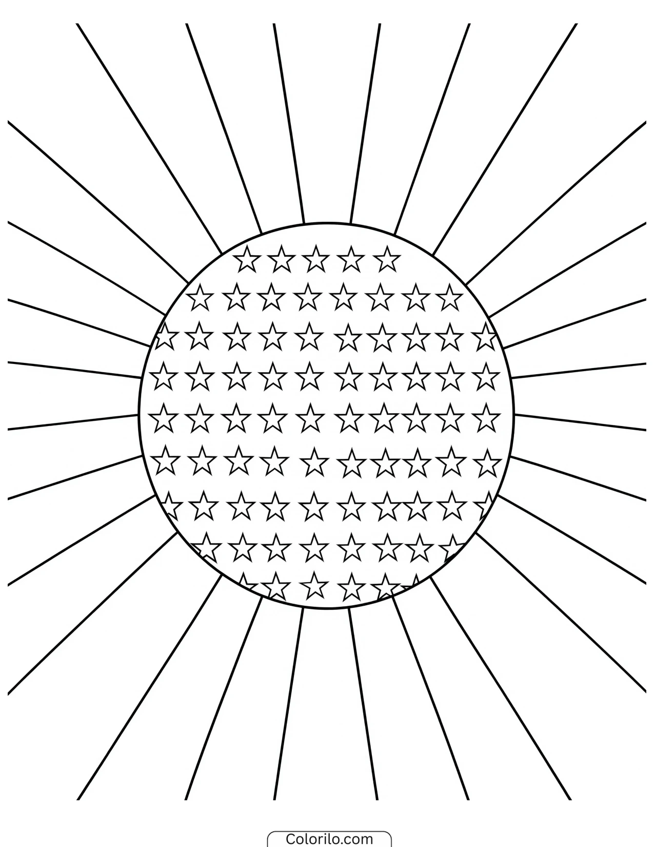 Circular emblem of bursting stars coloring page
