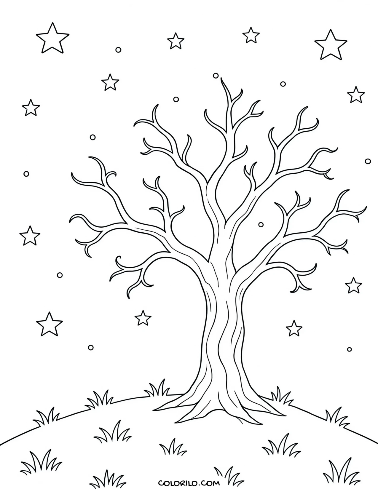a lone tree beneath a sky full of stars coloring page
