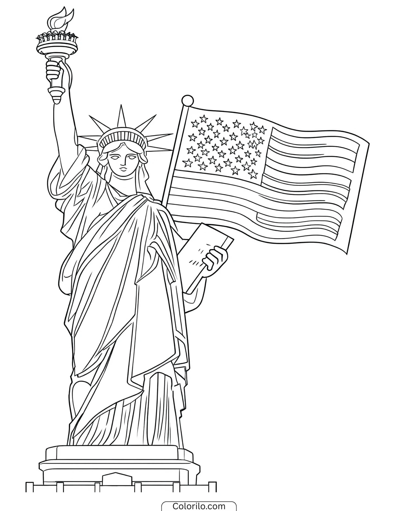 Statue of Liberty holding an American flag coloring page