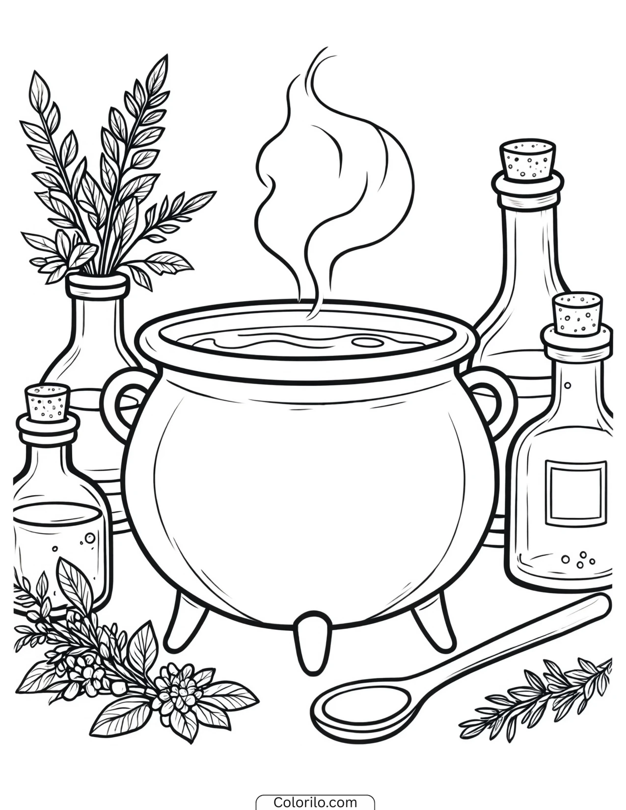 Steaming cauldron surrounded by potion bottles coloring page