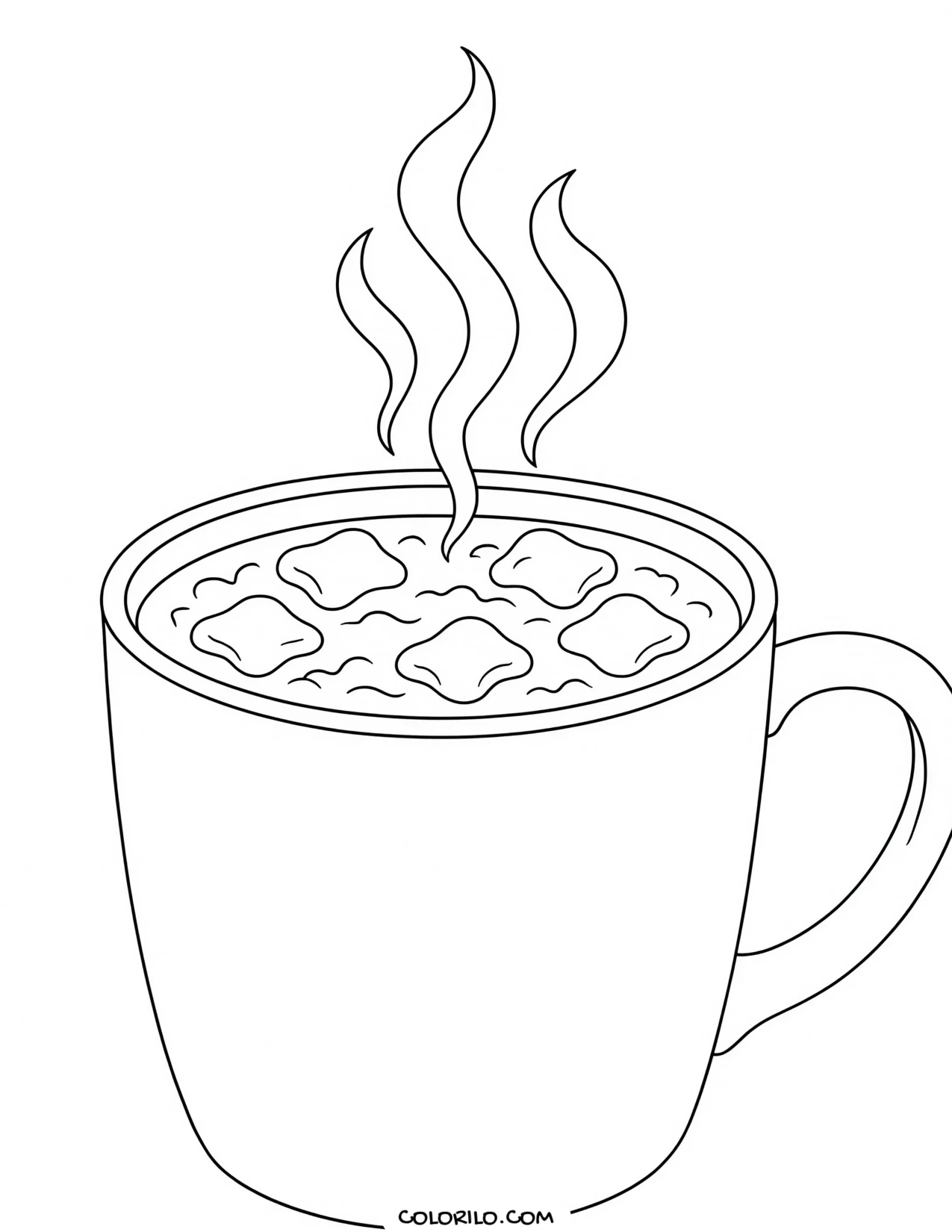 A steaming mug of hot cocoa coloring page