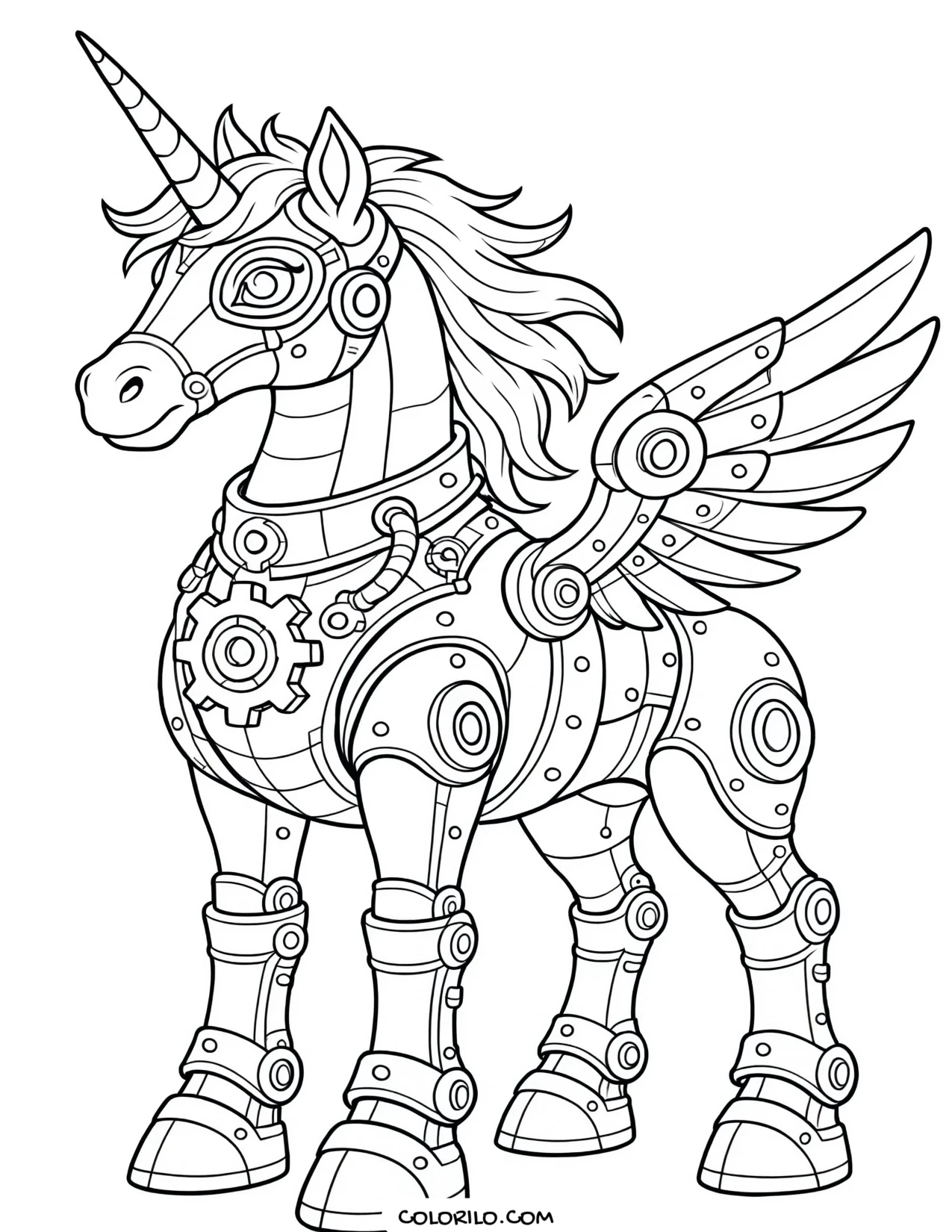 A winged unicorn with steampunk gears coloring page