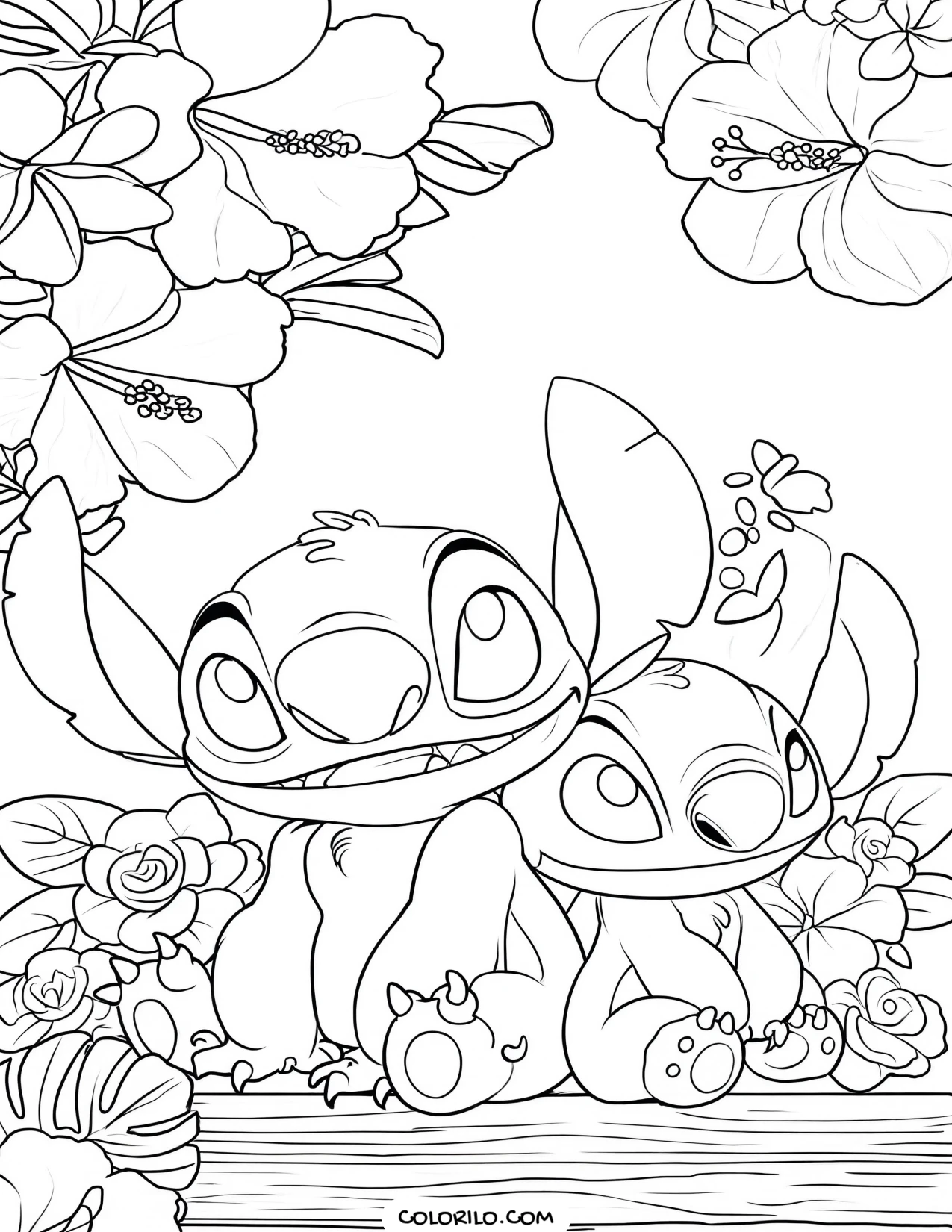 Stitch and Angel among flowers coloring page