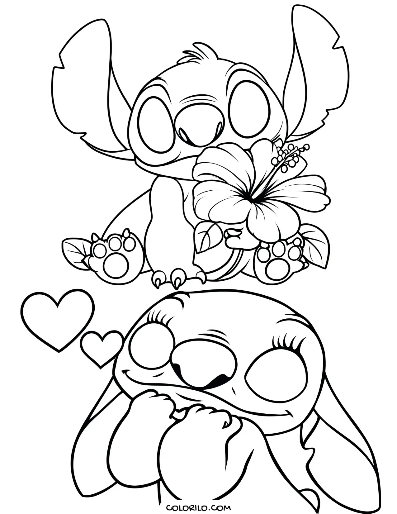 Stitch and Angel surrounded by hearts coloring page