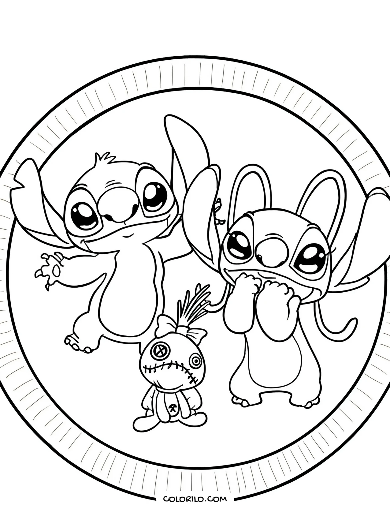 Stitch and Angel with Scrump the doll coloring page