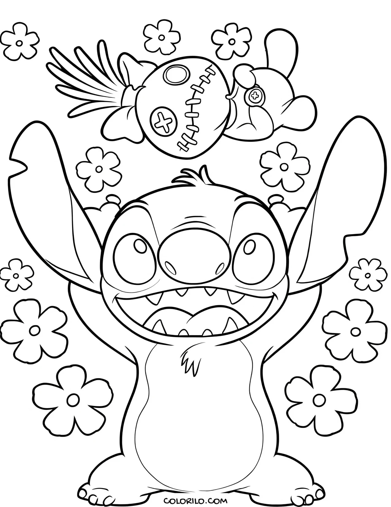 Stitch with his arms raised holding Scrump coloring page