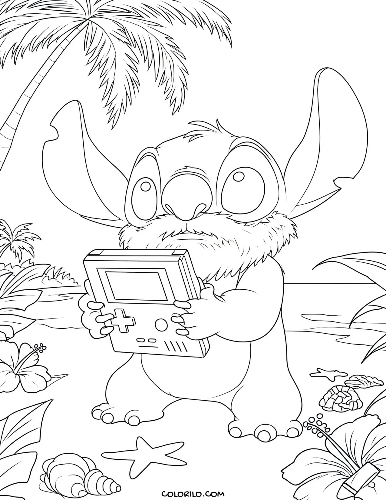 Stitch at the beach with a handheld games console coloring page