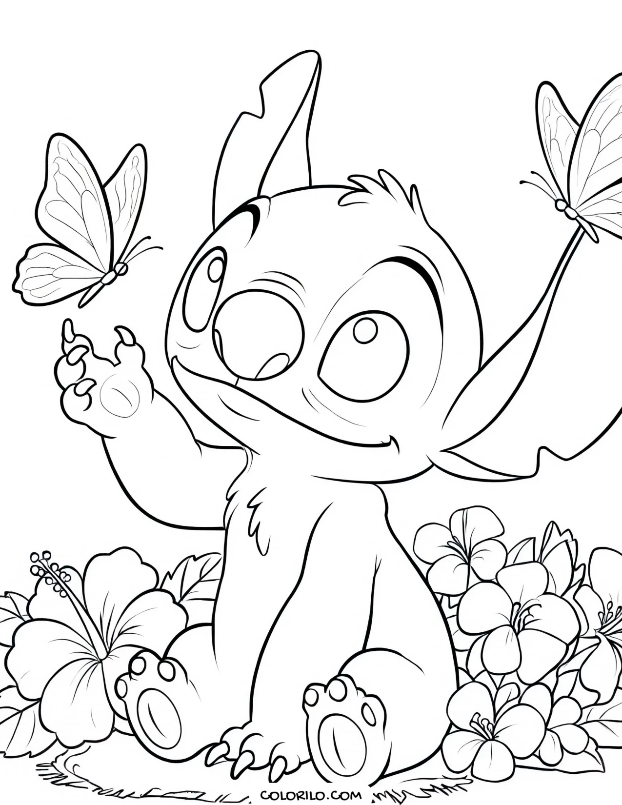 Stitch among butterflies and flowers coloring page