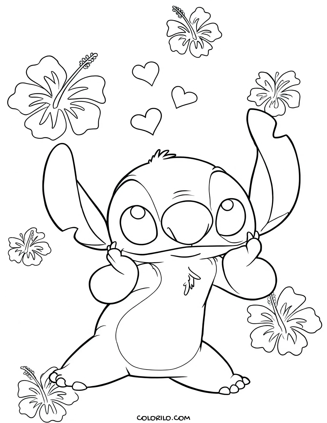 Stitch surrounded by flowers coloring page
