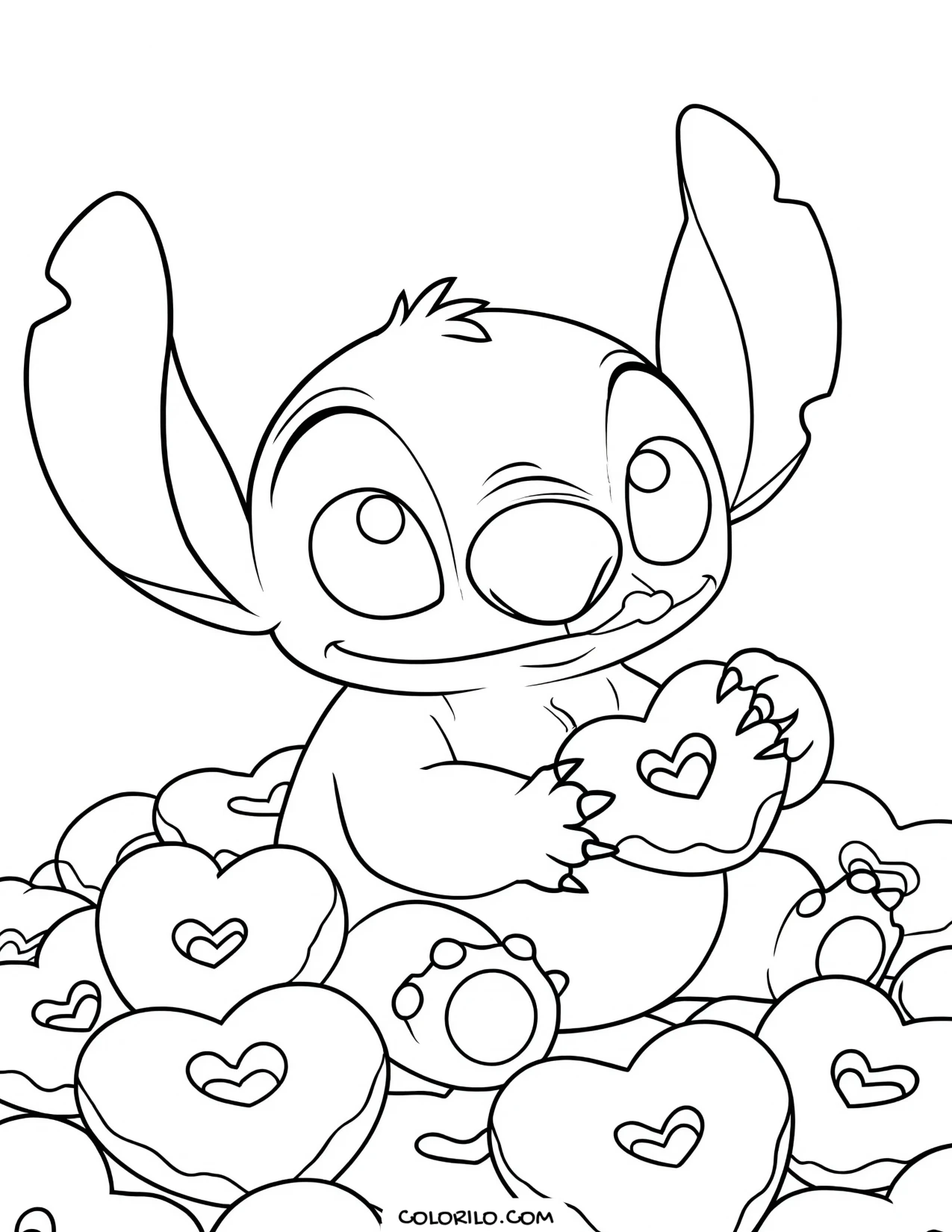 Stitch with a heart and doughnuts coloring page