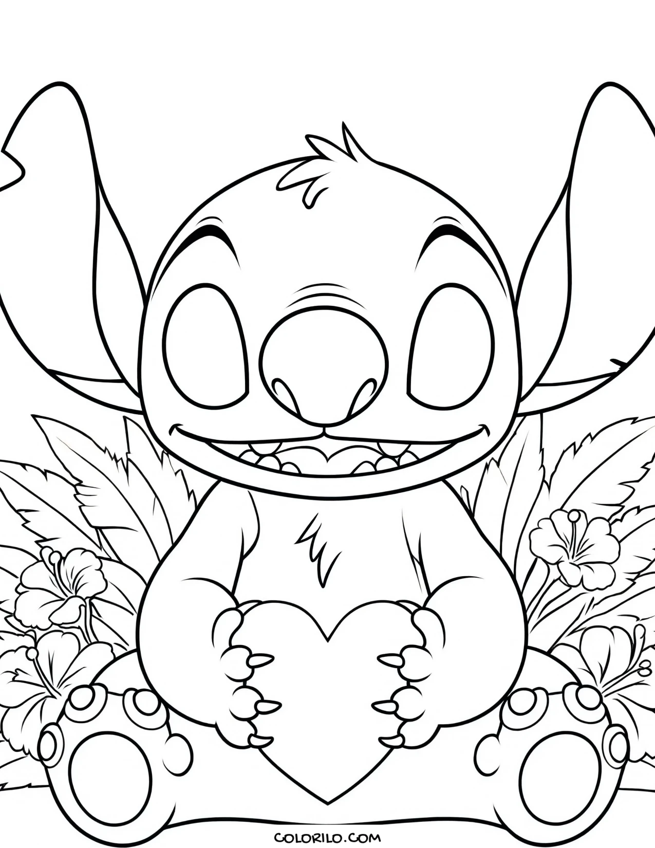 Stitch holding a heart among plants coloring page