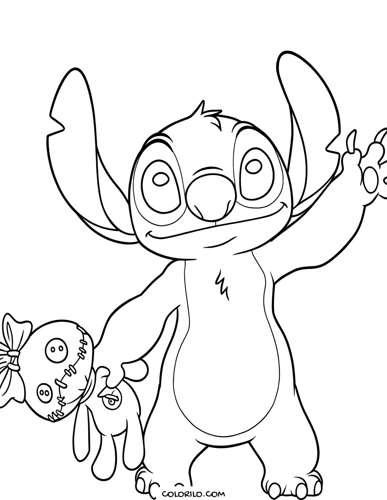 Stitch holding Scrump the rag doll coloring page