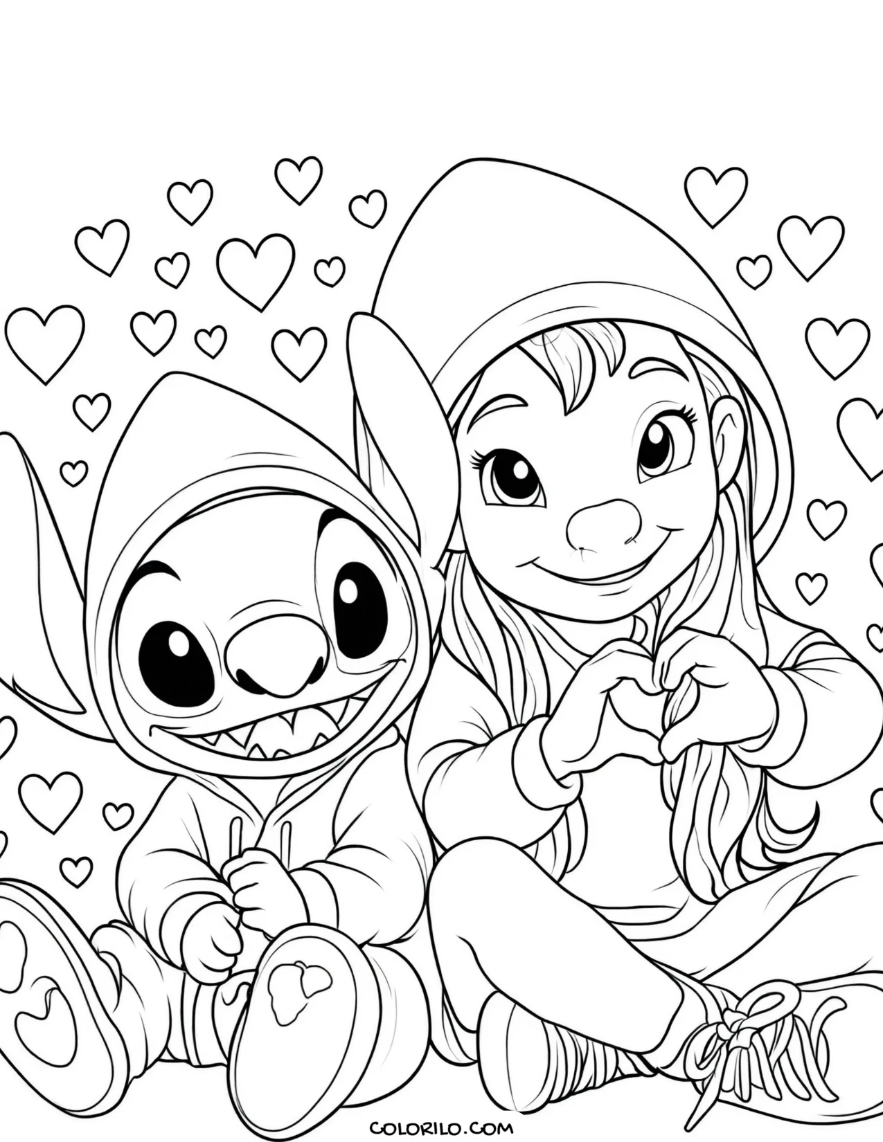 Stitch and Lilo surrounded by hearts coloring page