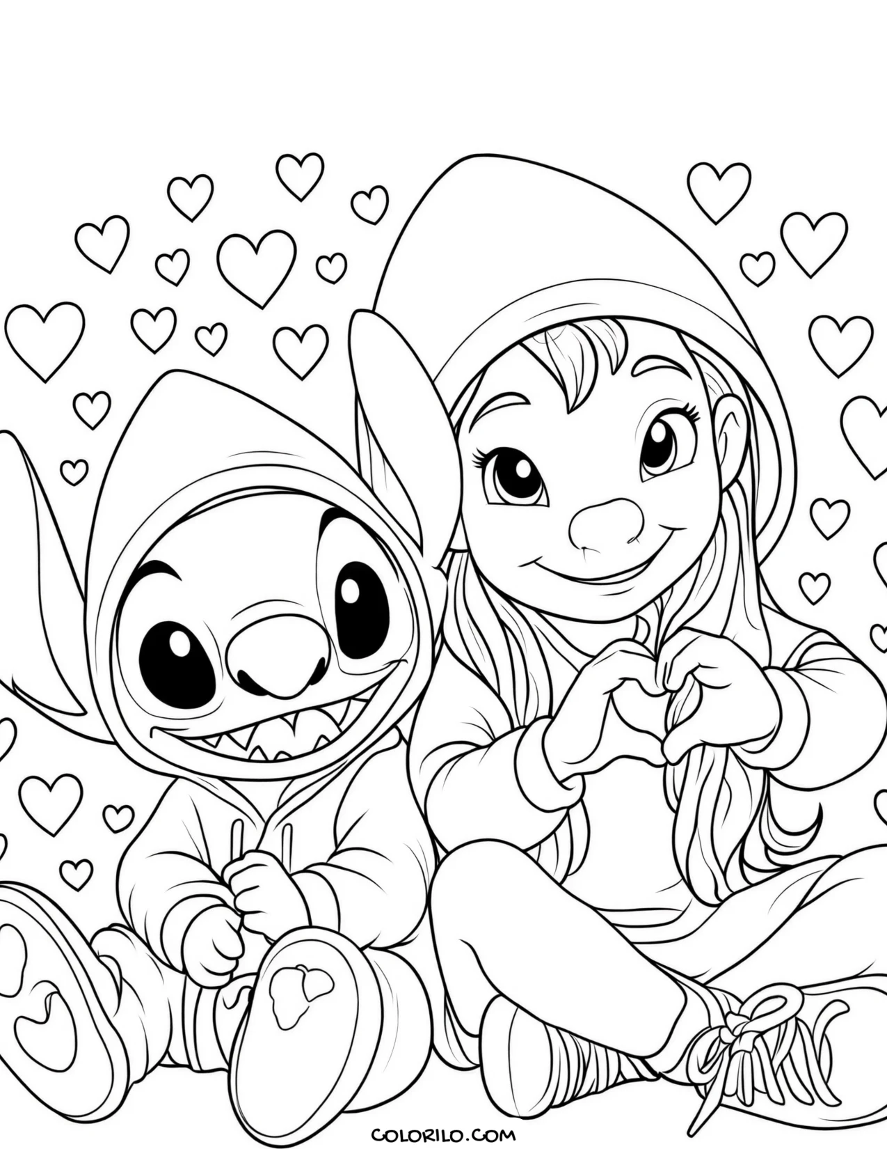 Stitch and Lilo in a hoodie with hearts coloring page