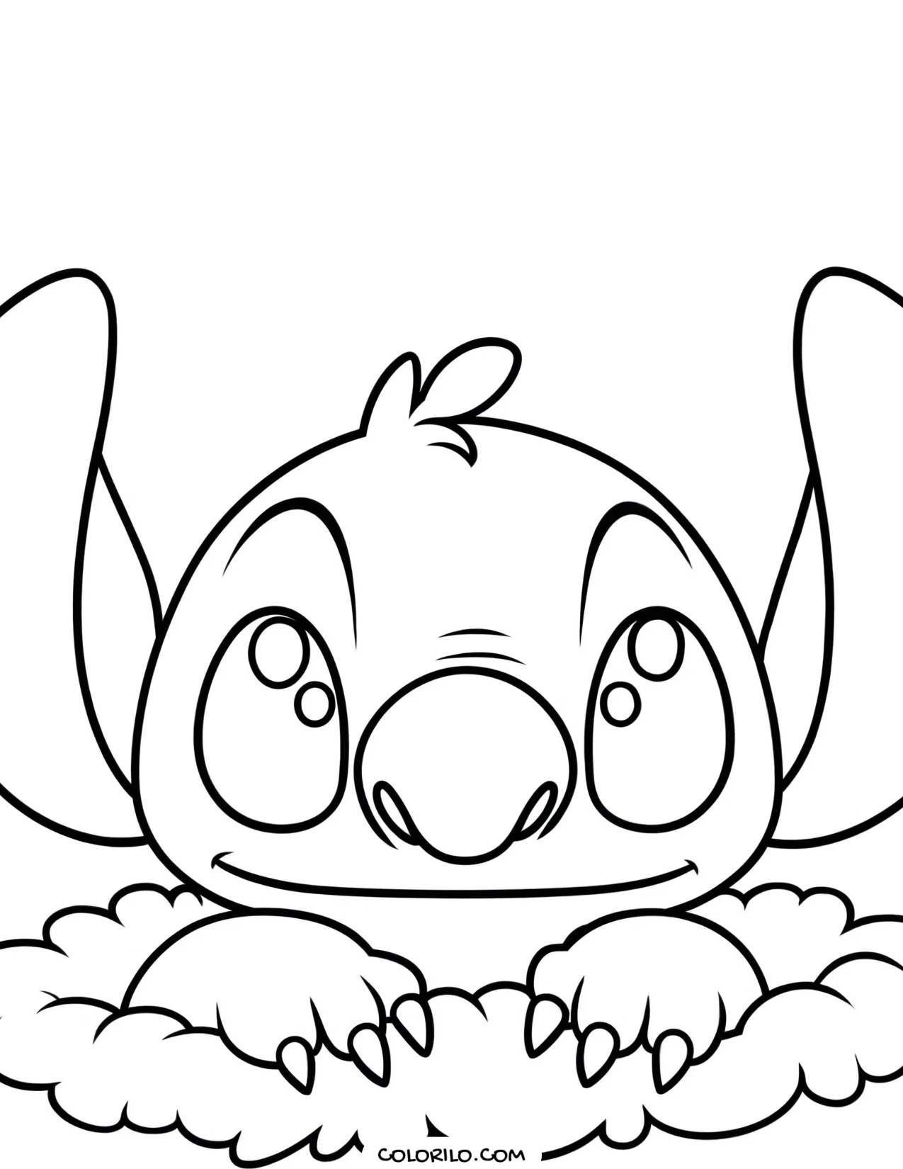 Stitch peeking out from behind a cloud coloring page