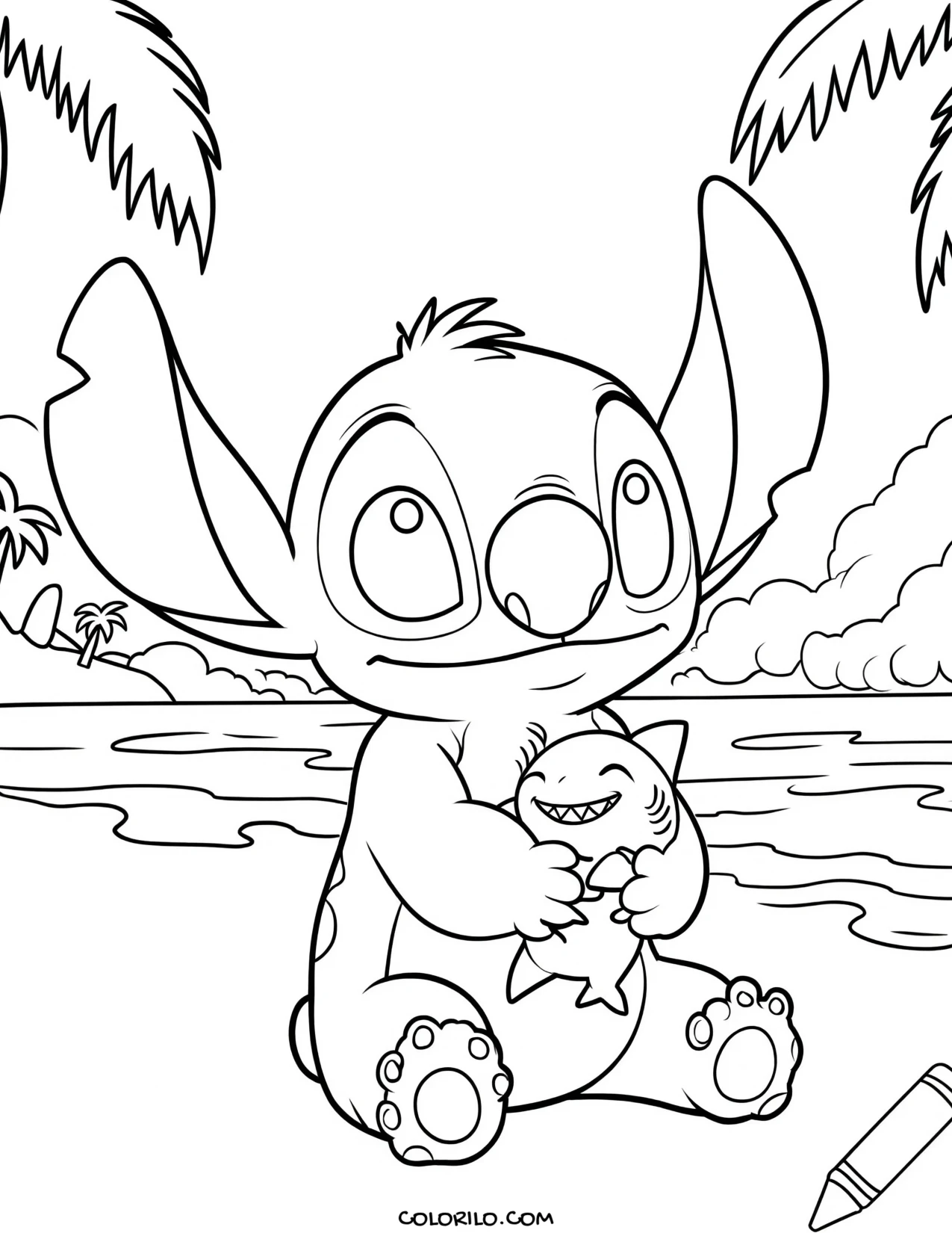 Stitch at the beach with a shark soft toy coloring page
