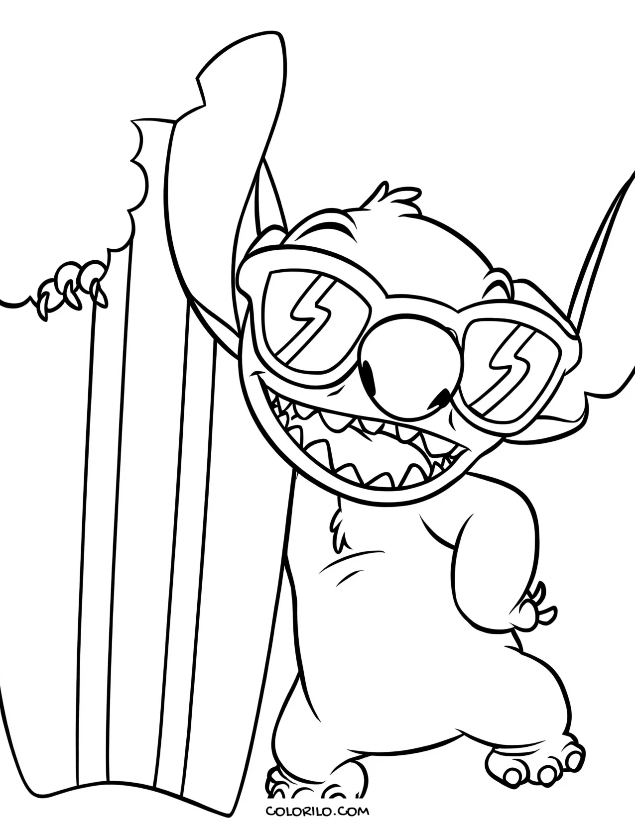 Stitch in sunglasses with a surfboard coloring page