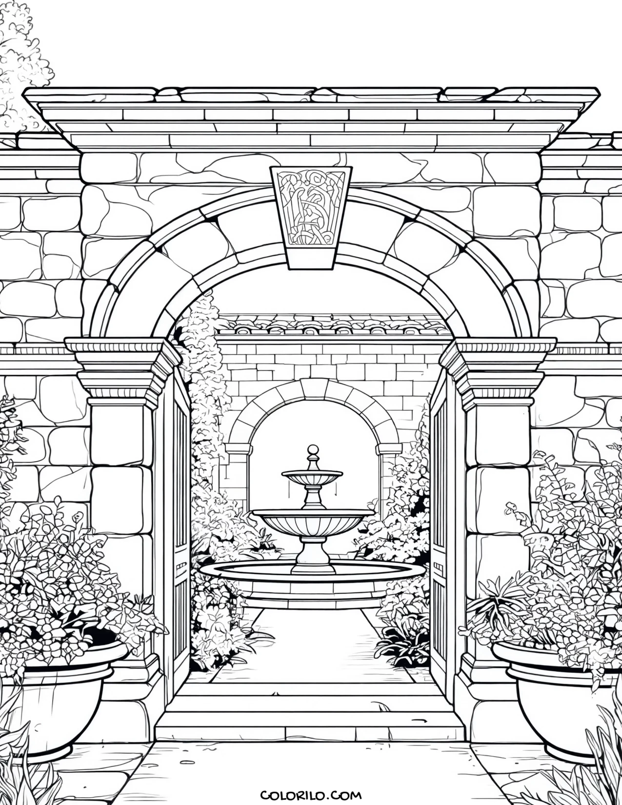 A stone archway leading to a courtyard fountain coloring page