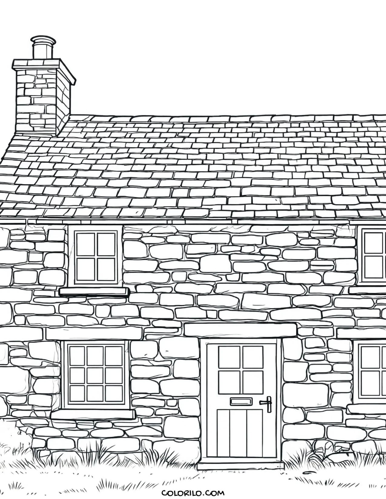 A stone cottage with a slate roof coloring page