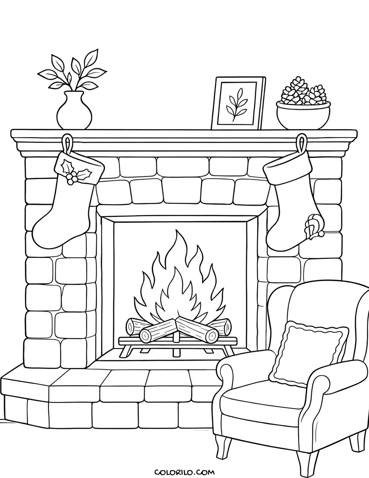 A stone fireplace hung with stockings coloring page