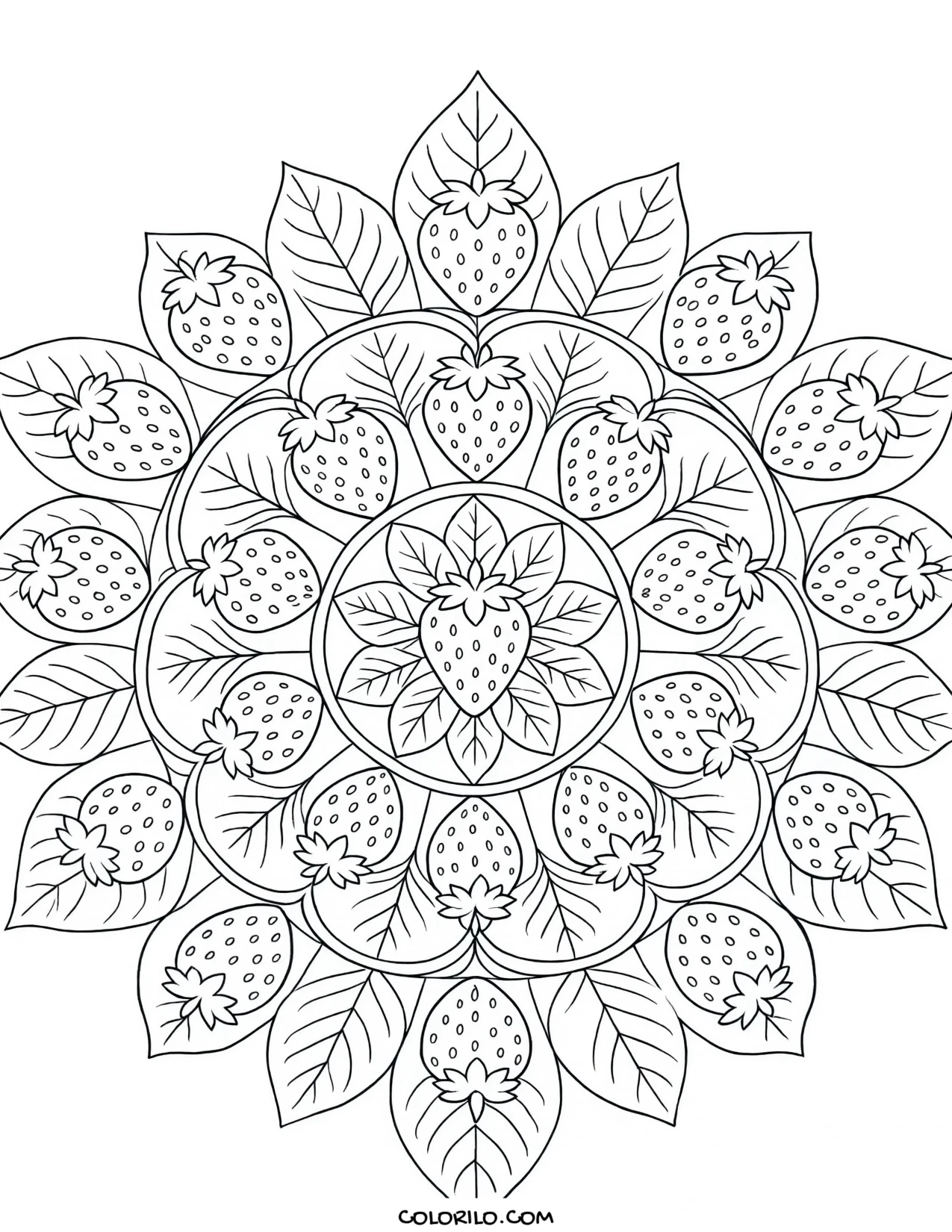 A mandala made from repeated strawberry shapes coloring page