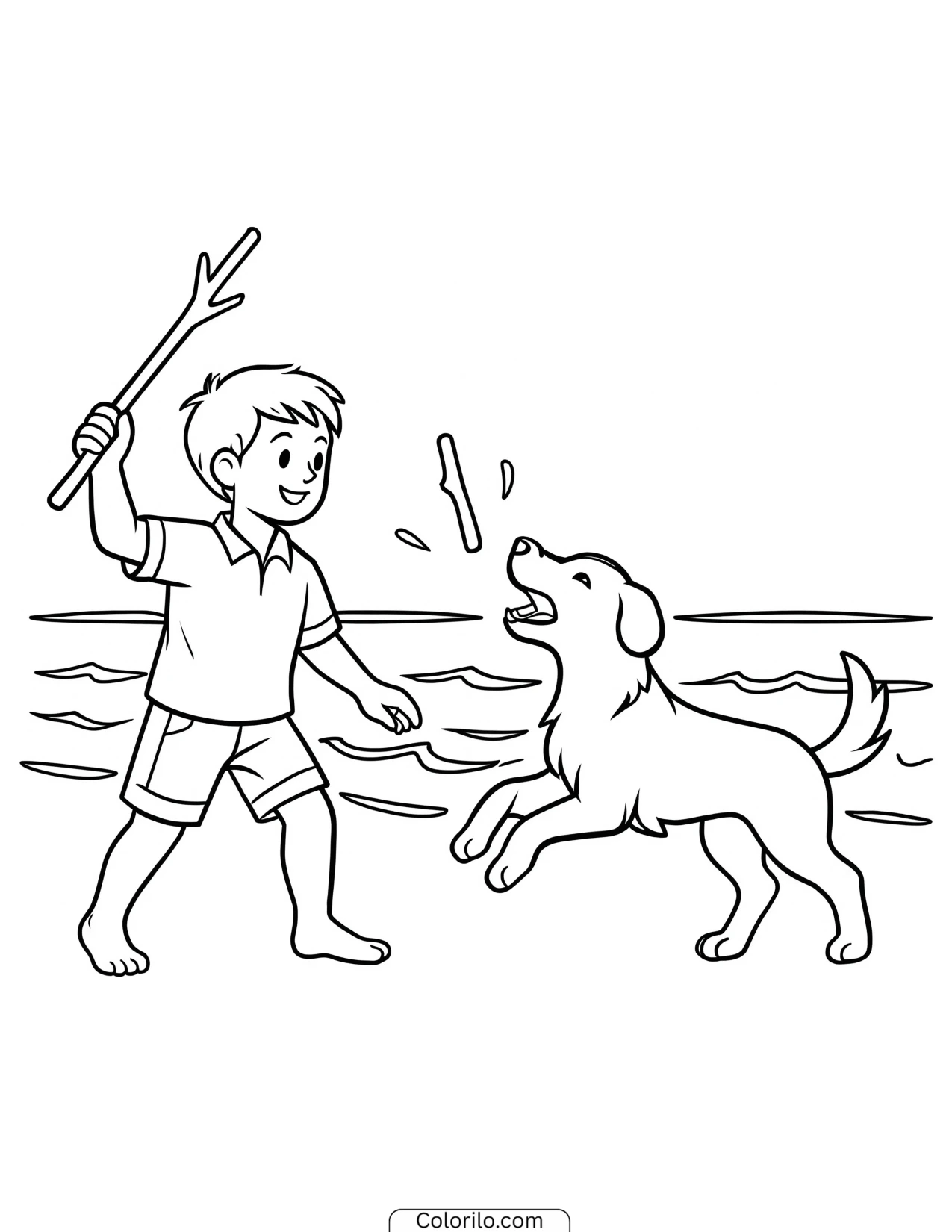 A boy playing fetch with his dog on the beach coloring page