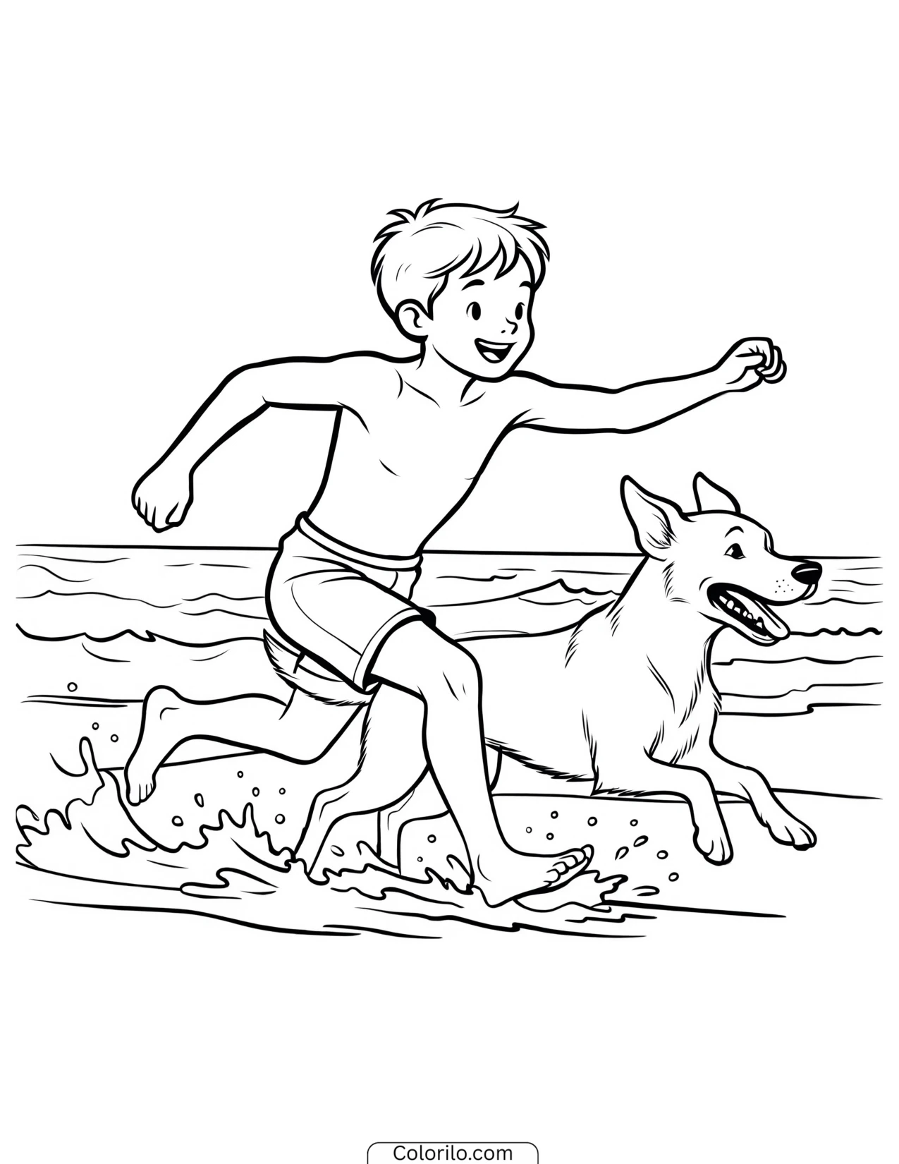 A boy and his dog running through the waves coloring page