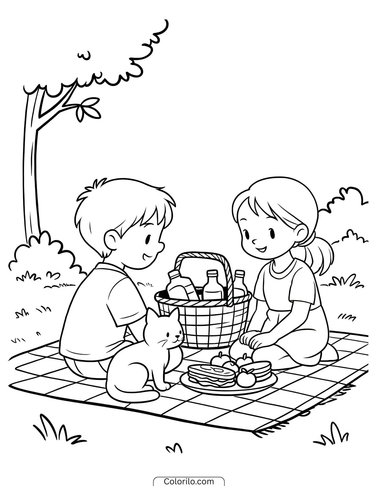 Two children having a picnic with their cat coloring page