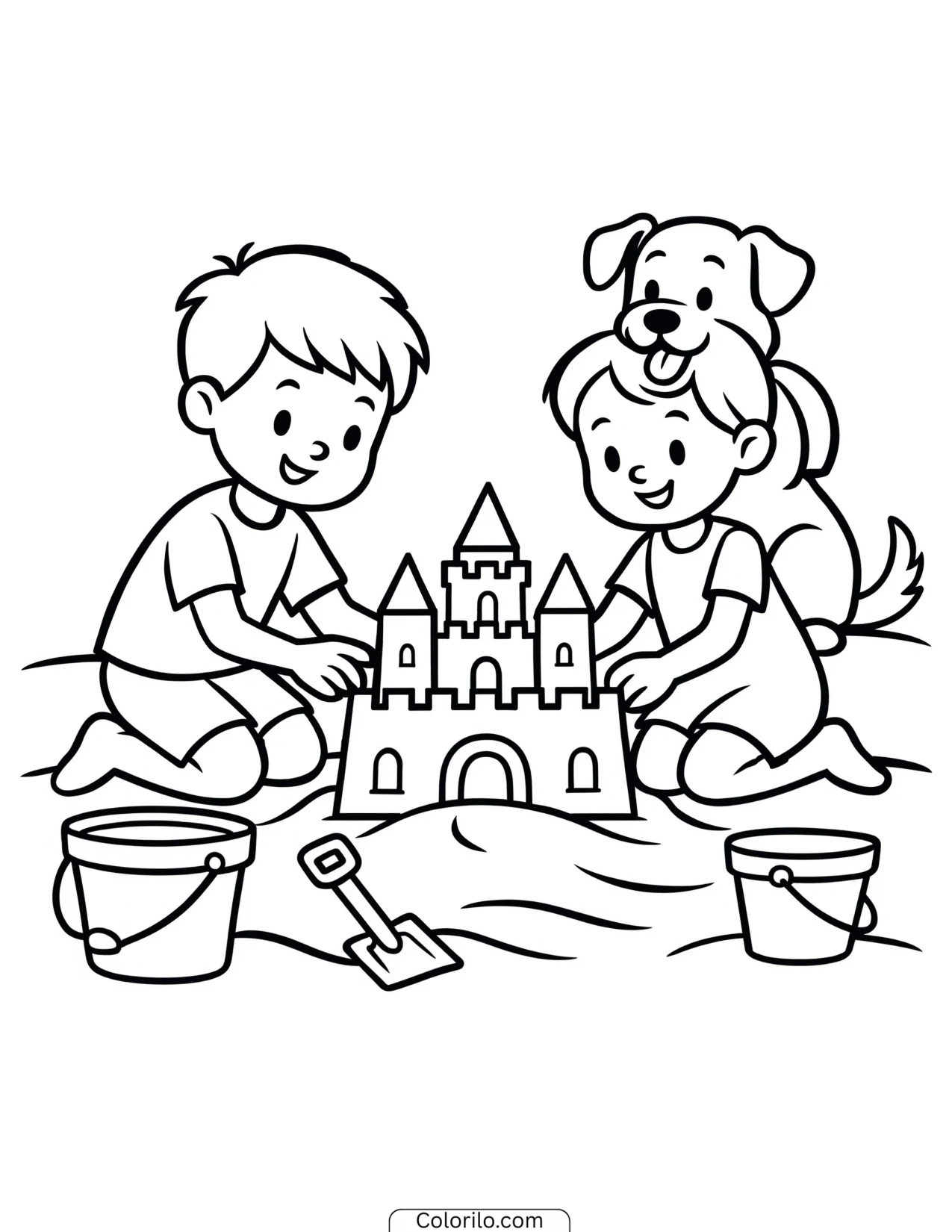 Two children and a dog building a sandcastle coloring page