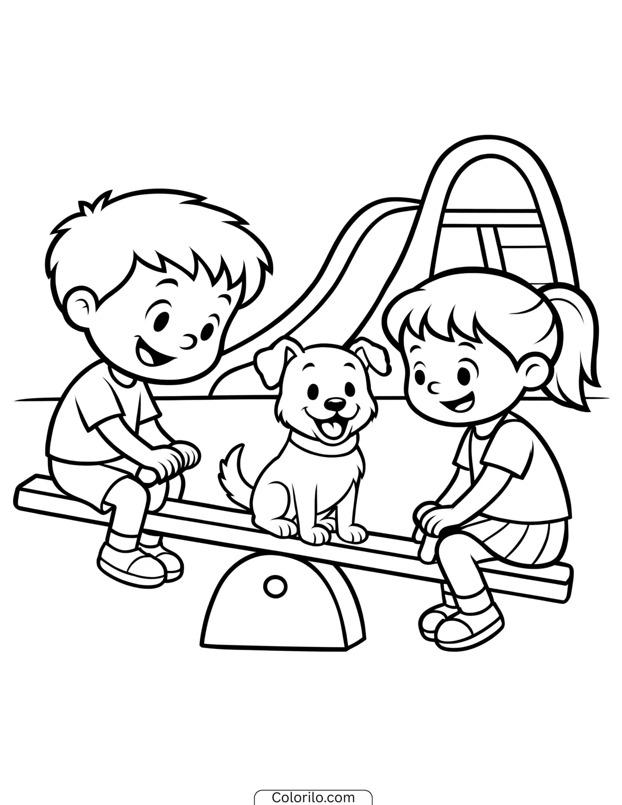 Two children on a seesaw with their dog coloring page