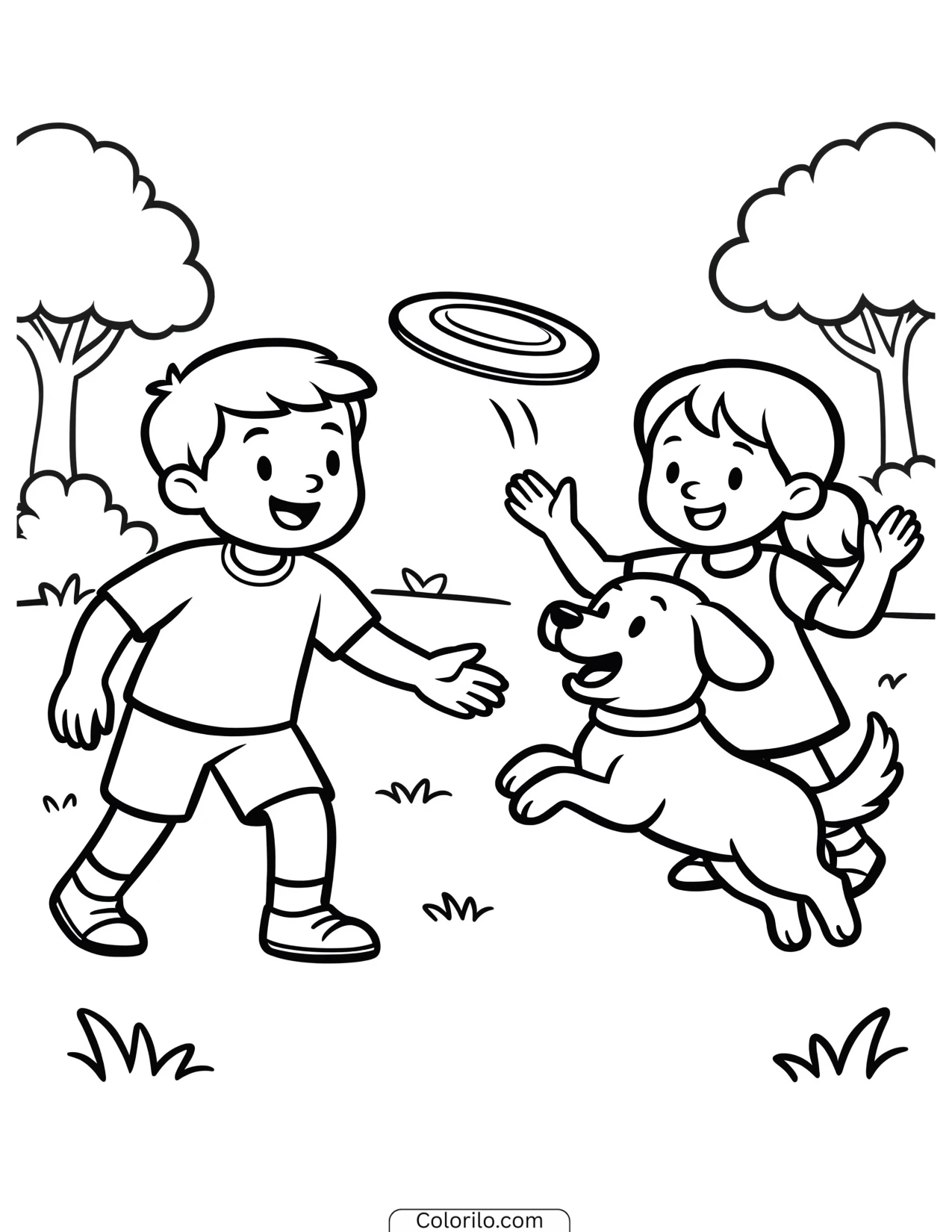 Two children throwing a frisbee for their dog coloring page