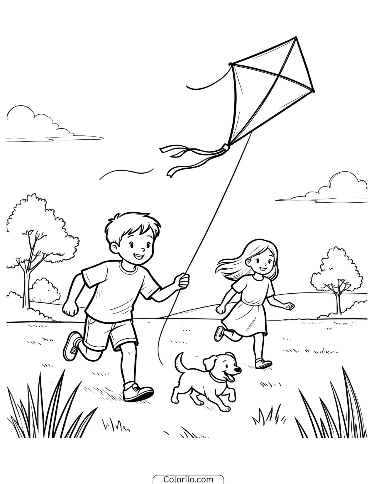 Two children flying a kite while the dog watches coloring page