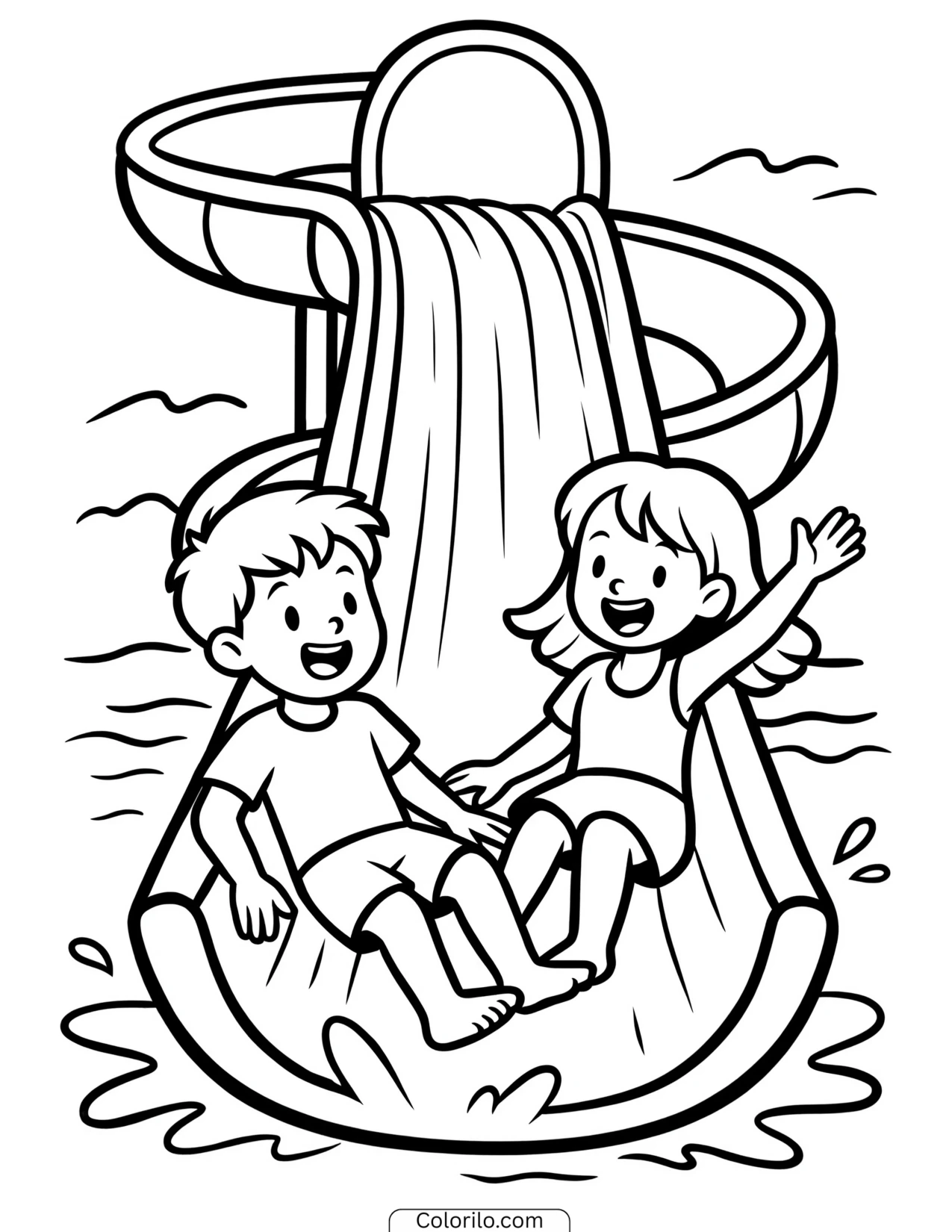 Two children going down a water slide coloring page