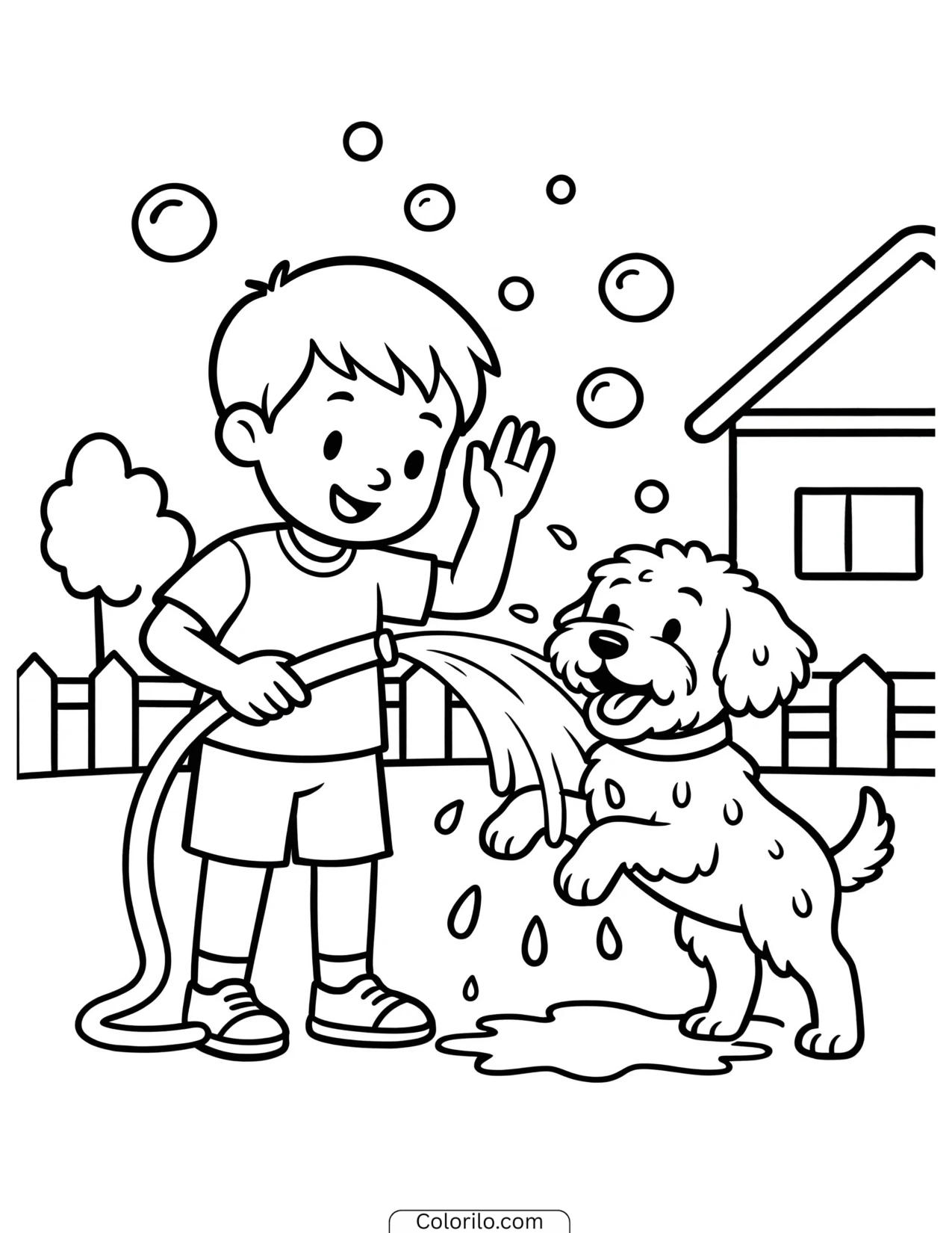 A boy washing his dog with a garden hose coloring page