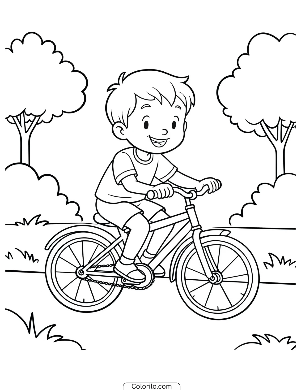 A child riding a bike on a summer day coloring page
