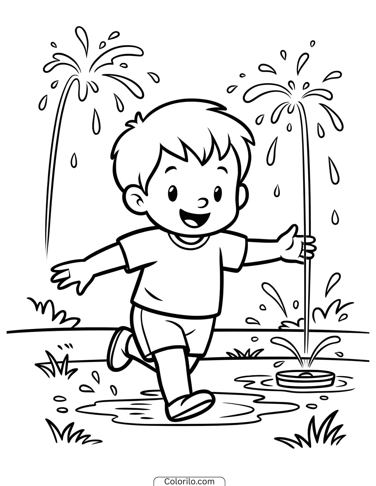 A child running through a garden sprinkler coloring page